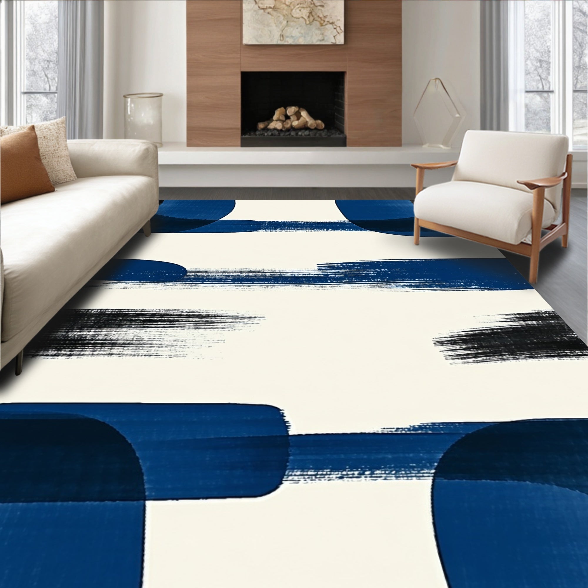 Abstract Brush Strokes Blue Black Rug