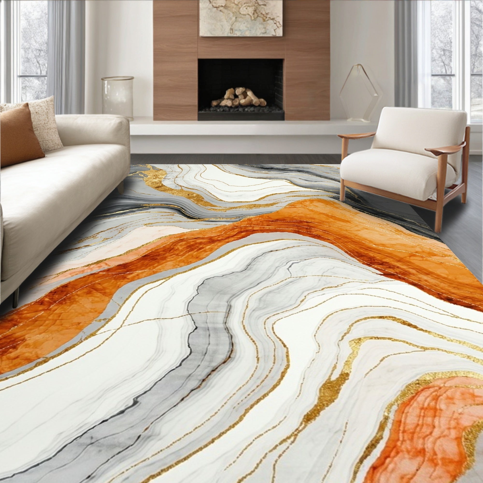 Abstract Marble Gold Veined Design Rug