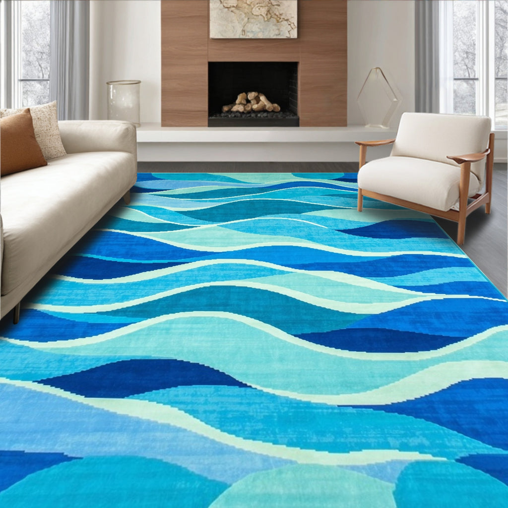 Abstract Blue Wave Layers Rug
