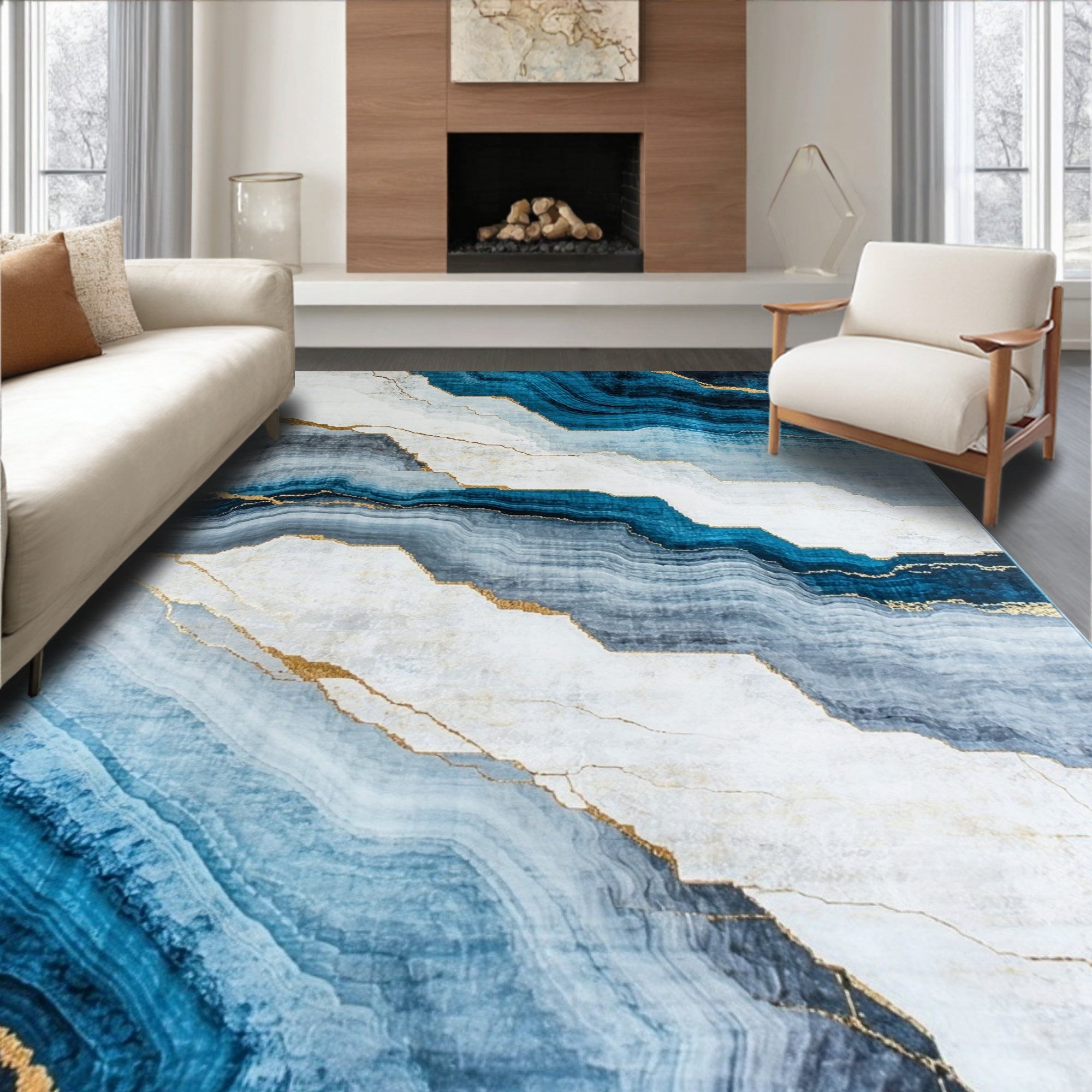 Abstract Blue Gold Marble Pattern Rug