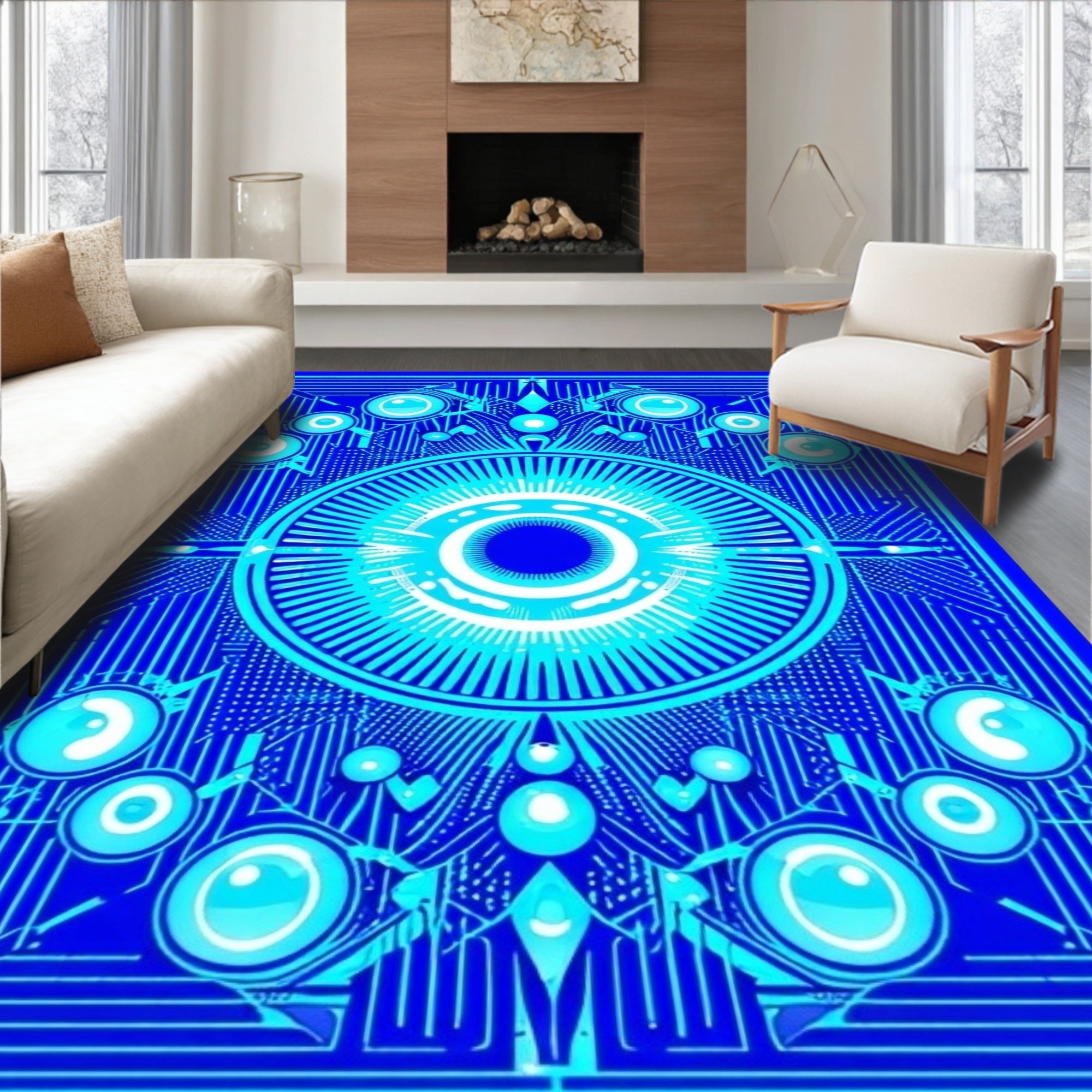 Abstract Blue 3D Eye Pattern Rug