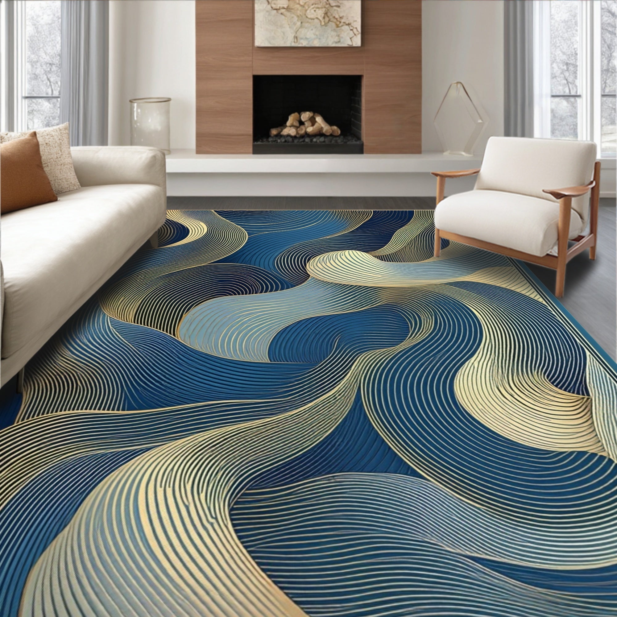 Abstract Blue Gold Wave Pattern Rug