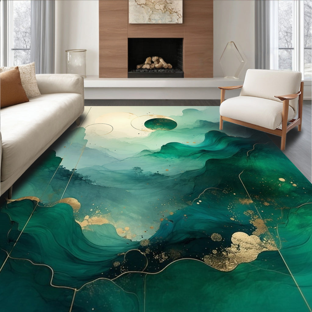 Abstract Emerald Gold Wave Pattern Rug