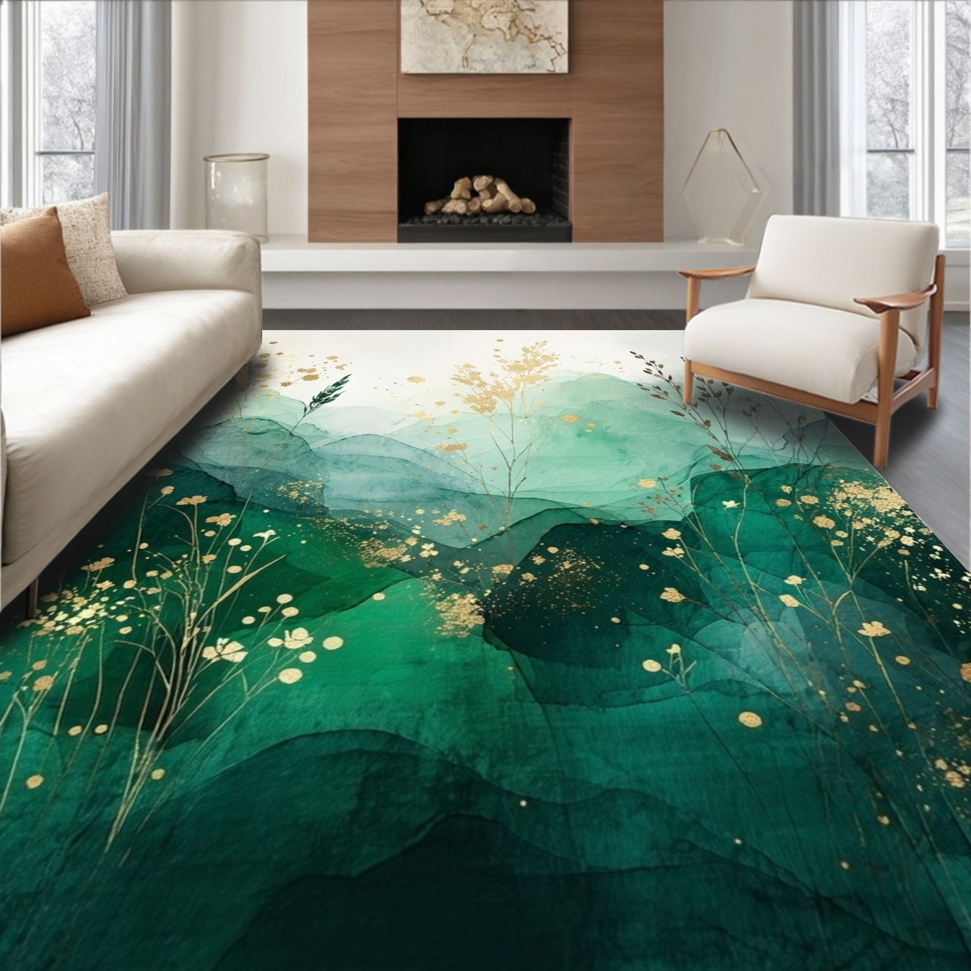Abstract Emerald Watercolor Botanical Design Rug
