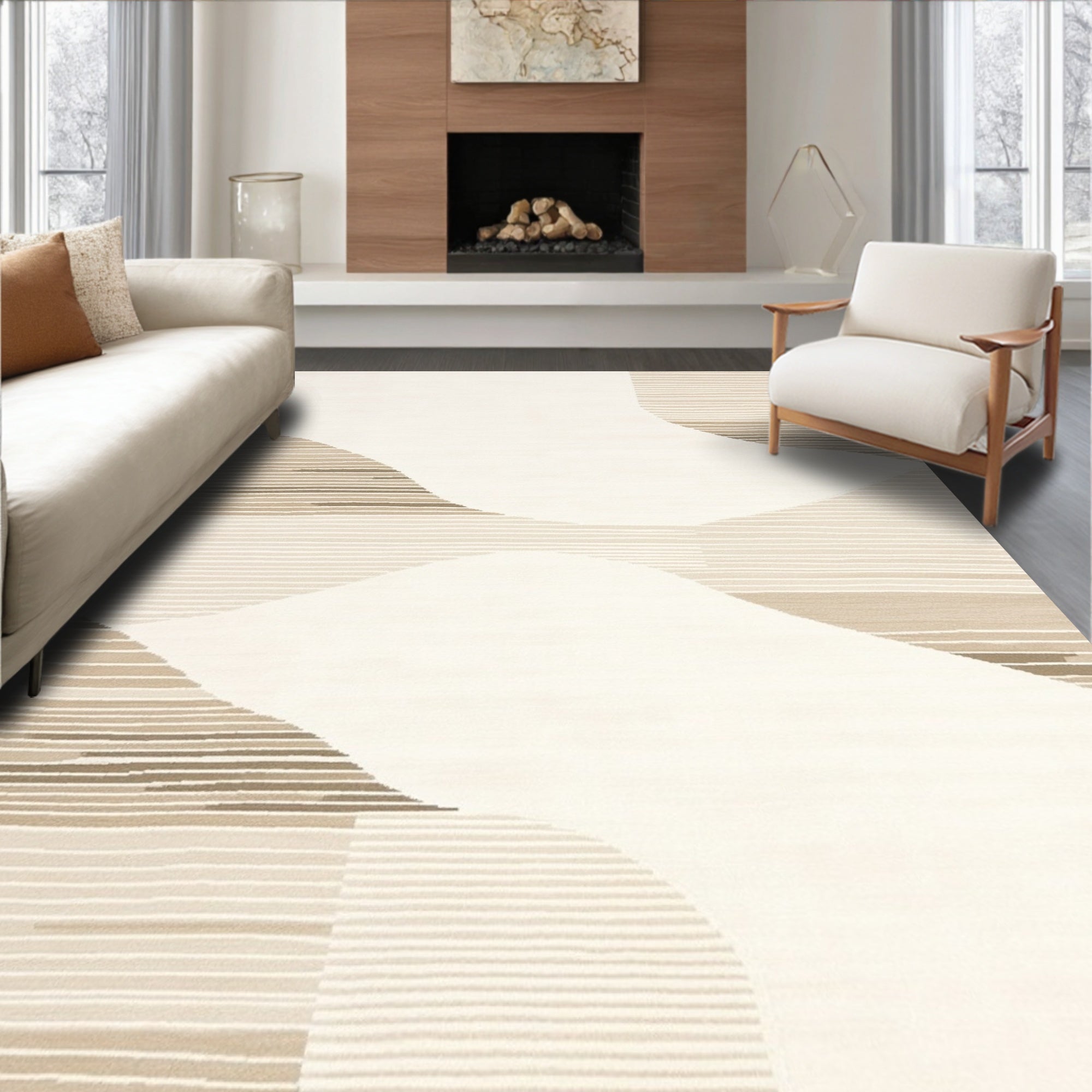 Abstract Beige Curved Stripes Rug