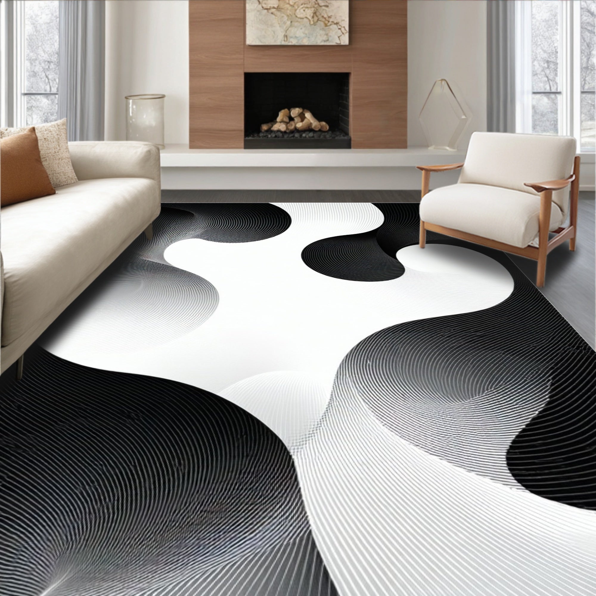 Abstract Black White Wavy Swirls Rug