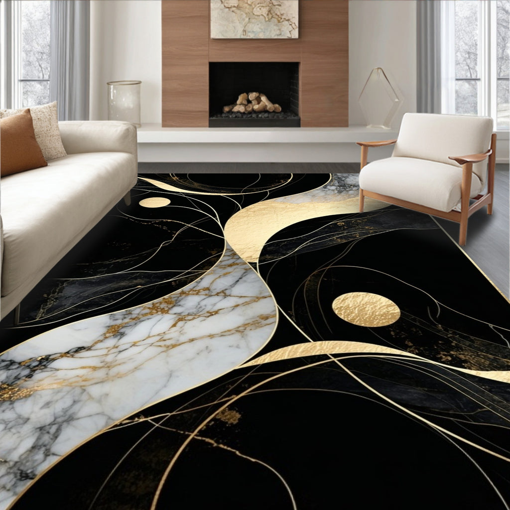 Abstract Black Gold Marble Swirl Rug