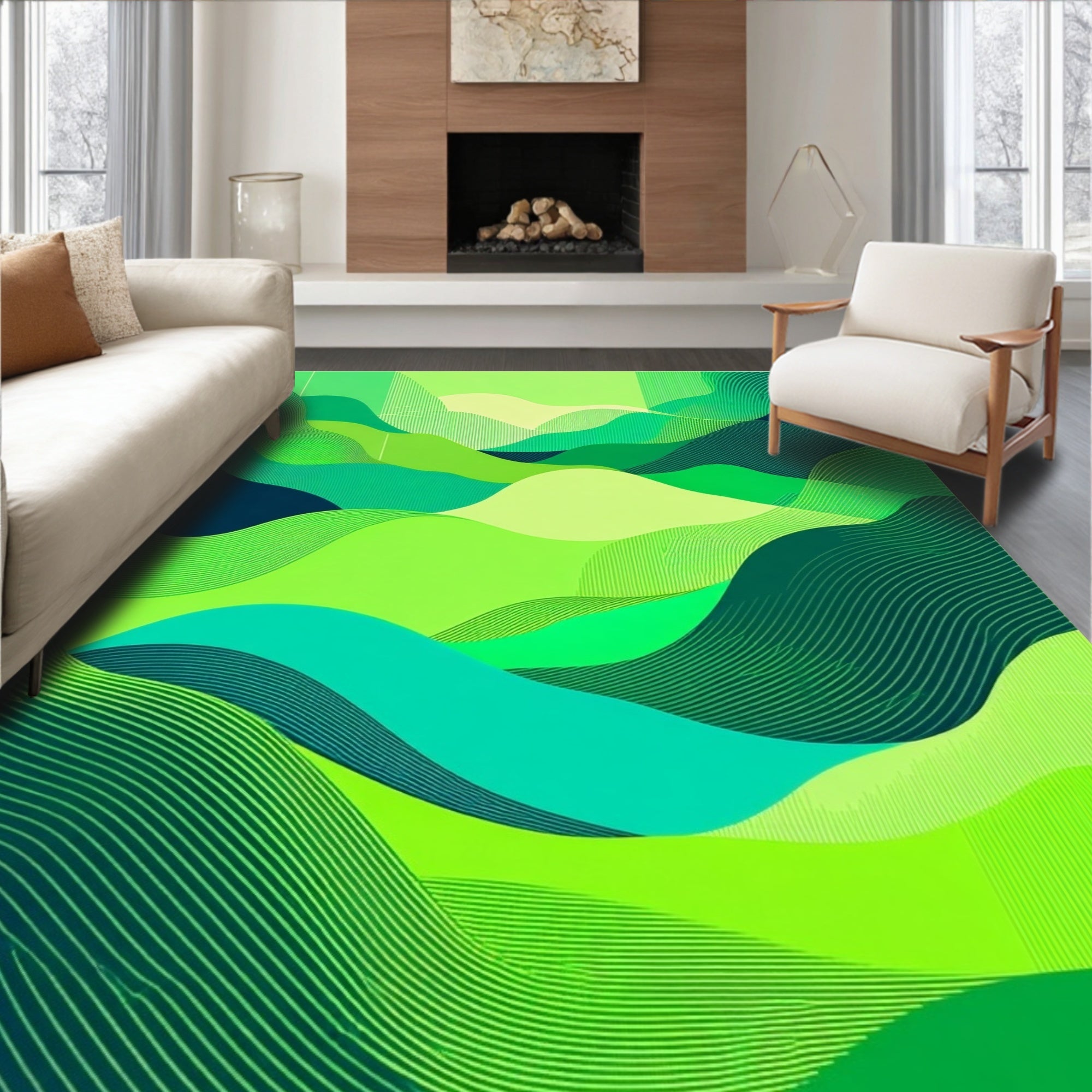 Abstract Green Wavy Landscape Pattern Rug
