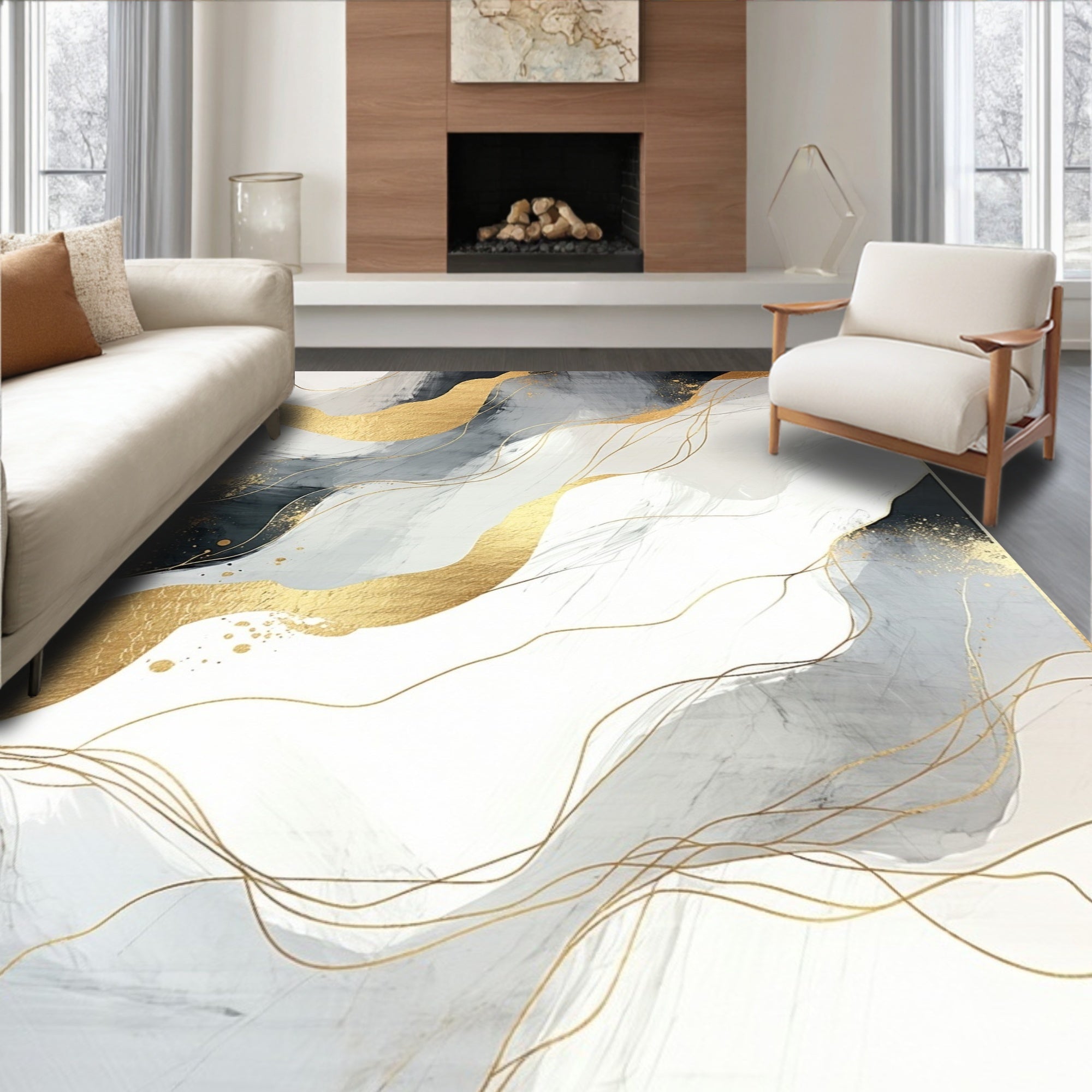 Abstract Gold Swirls And Splatter Design Rug