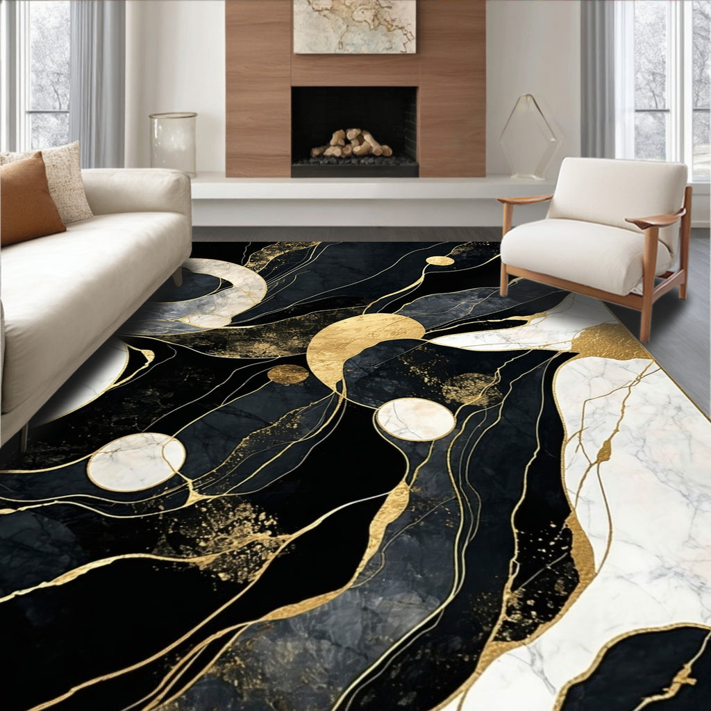 Abstract Black Gold Marble Veins Rug