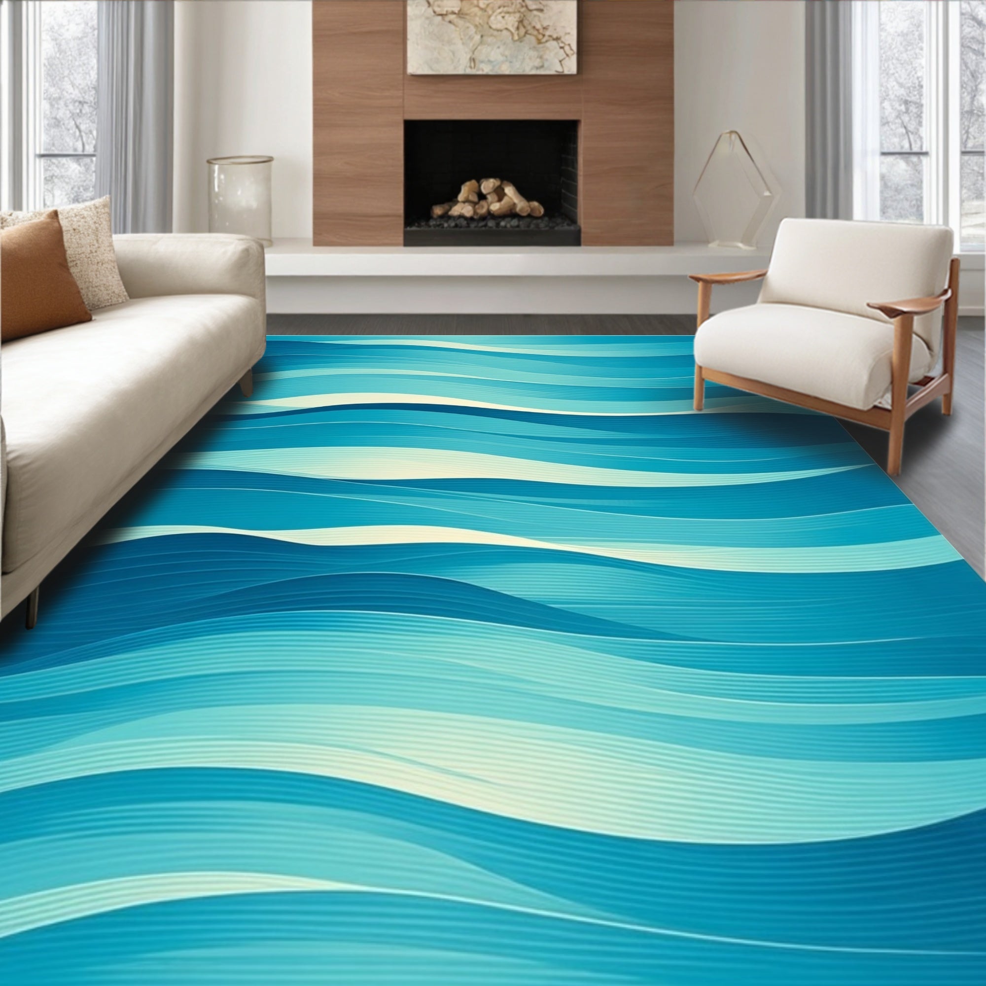 Abstract Blue Layered Waves Rug