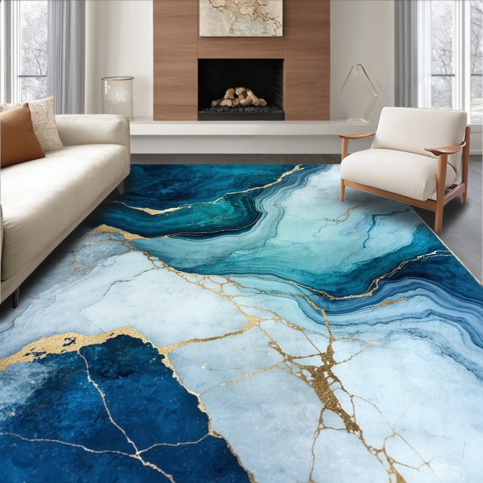 Abstract Blue Gold Veined Design Rug