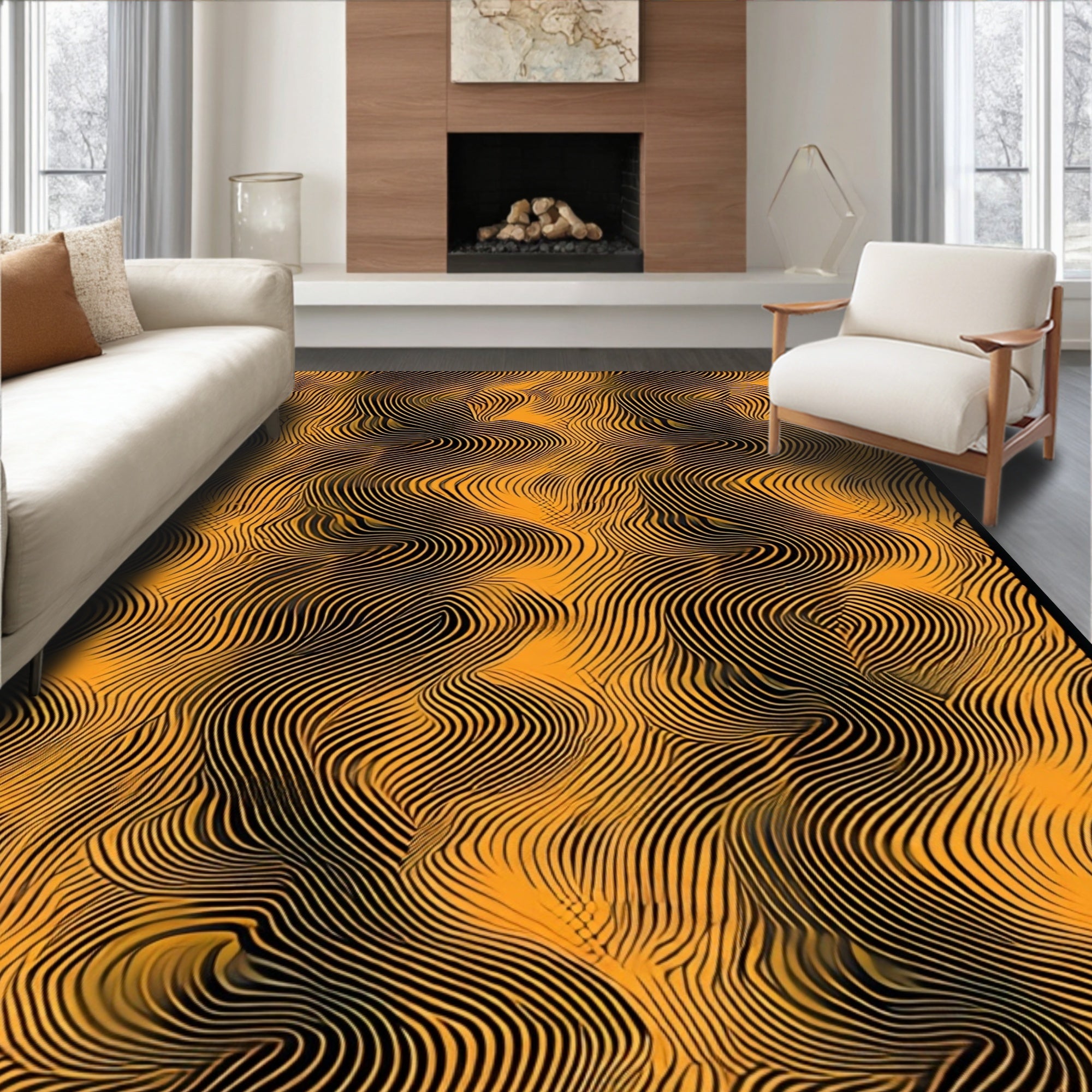 Abstract Golden Waves Pattern Rug