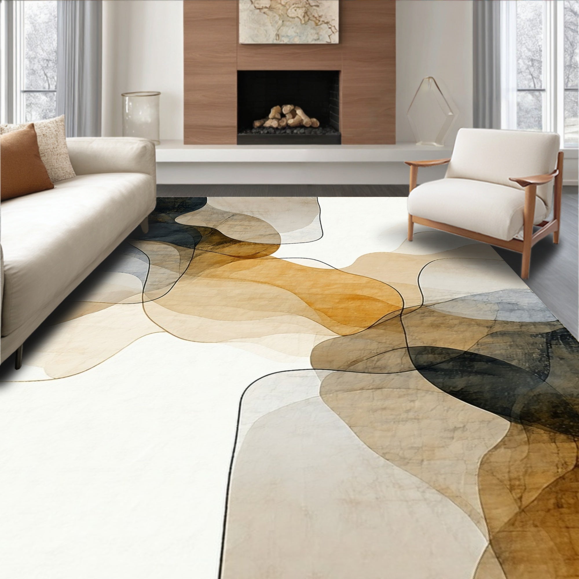 Abstract Ink Wash Organic Lines Rug