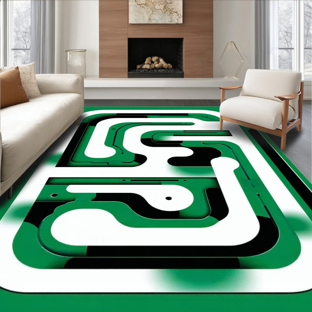 Abstract Green White Maze Design Rug