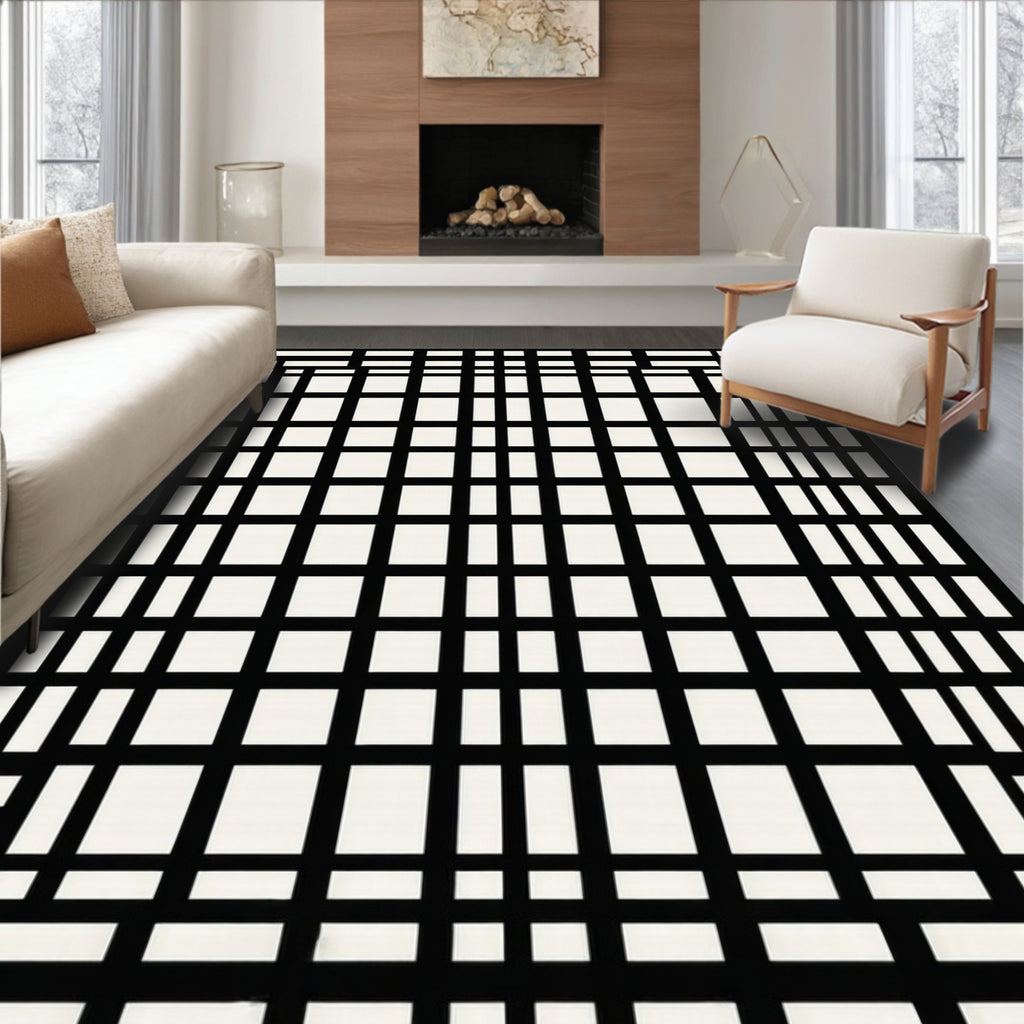 Abstract Black Geometric Grid Rug