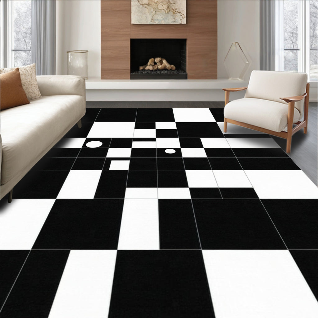 Abstract Black White Grid Design Rug