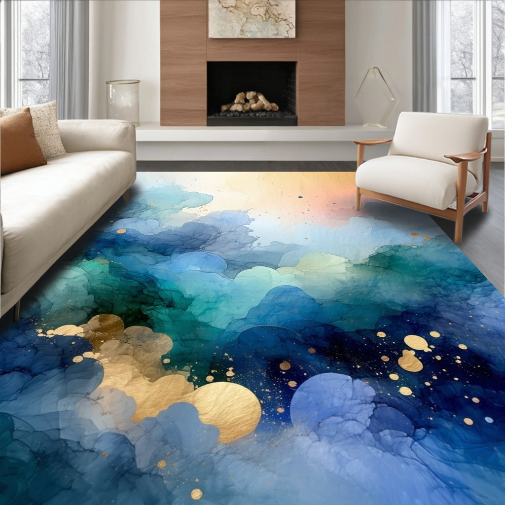 Abstract Blue Gold Cloudscape Rug