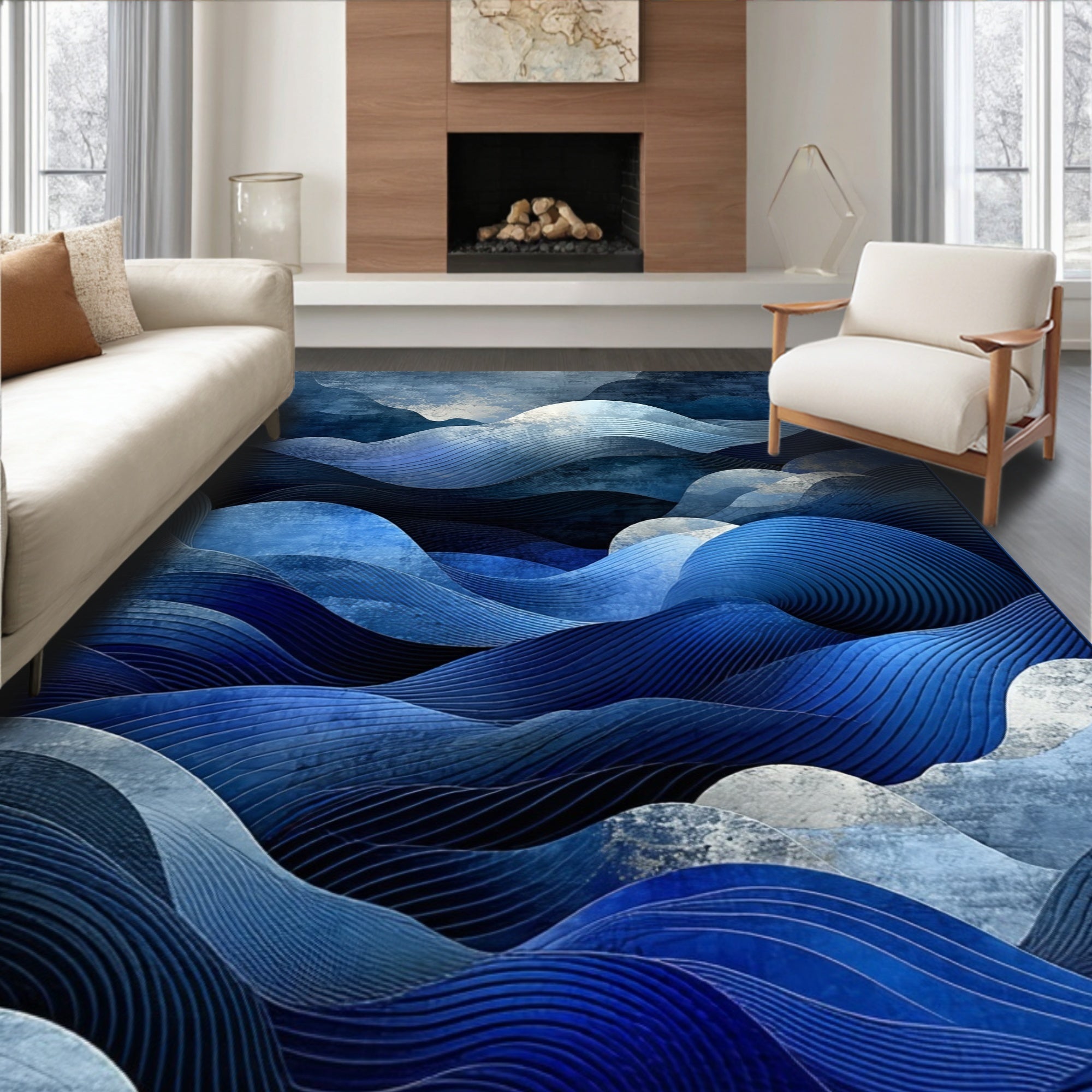 Abstract Blue Wavy Layers Rug