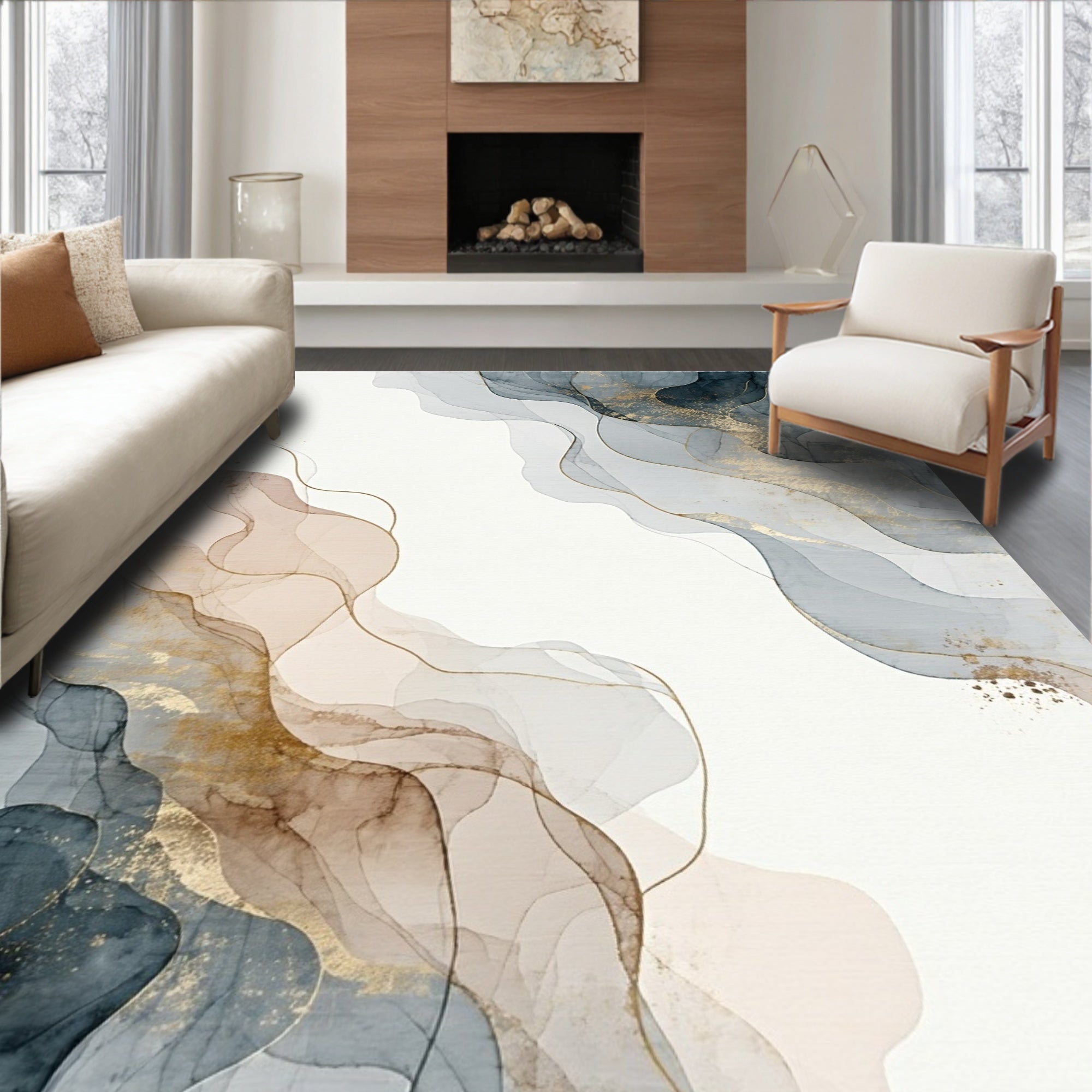 Abstract Ink Wash Gold Swirls Rug