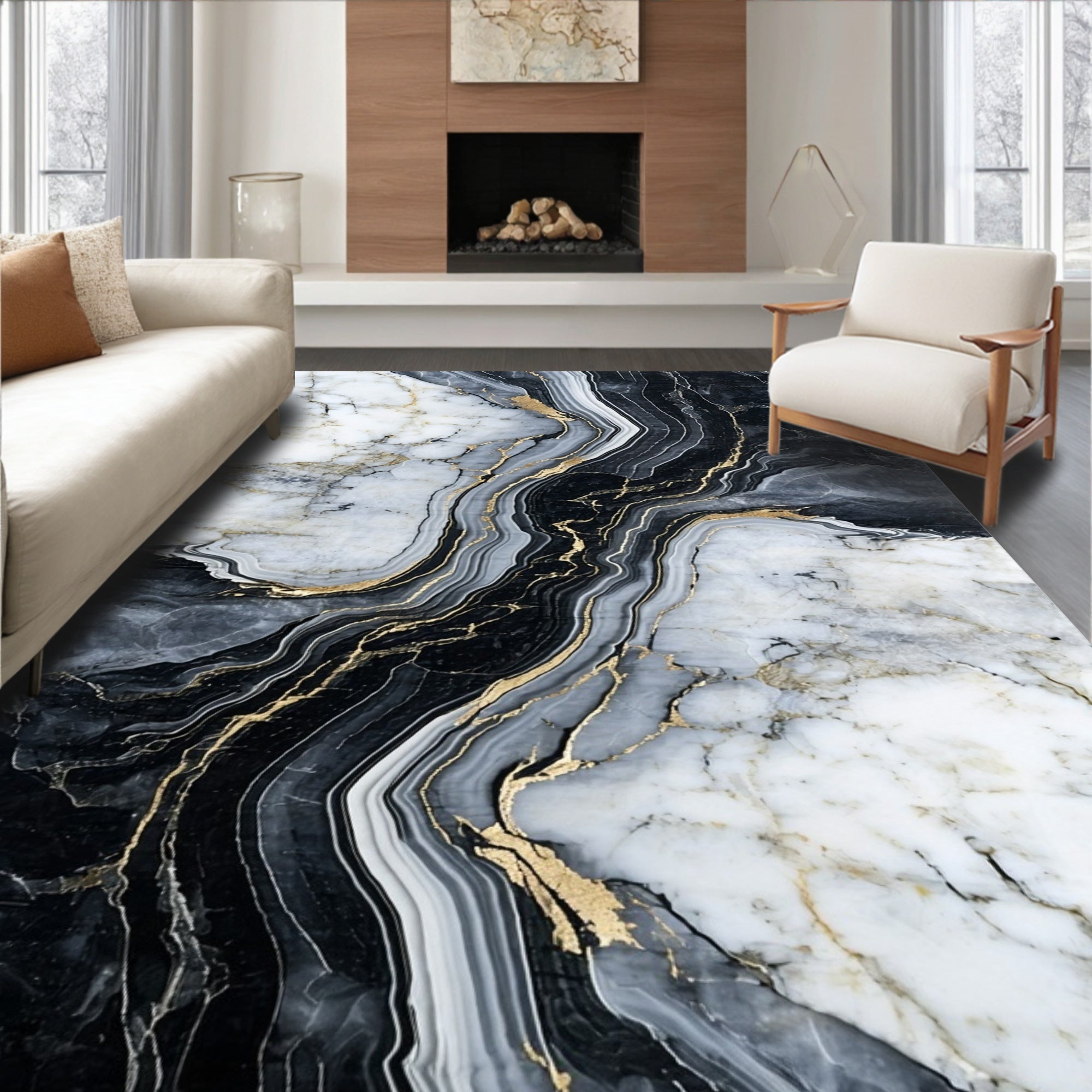 Abstract Gold Vein Marble Pattern Rug