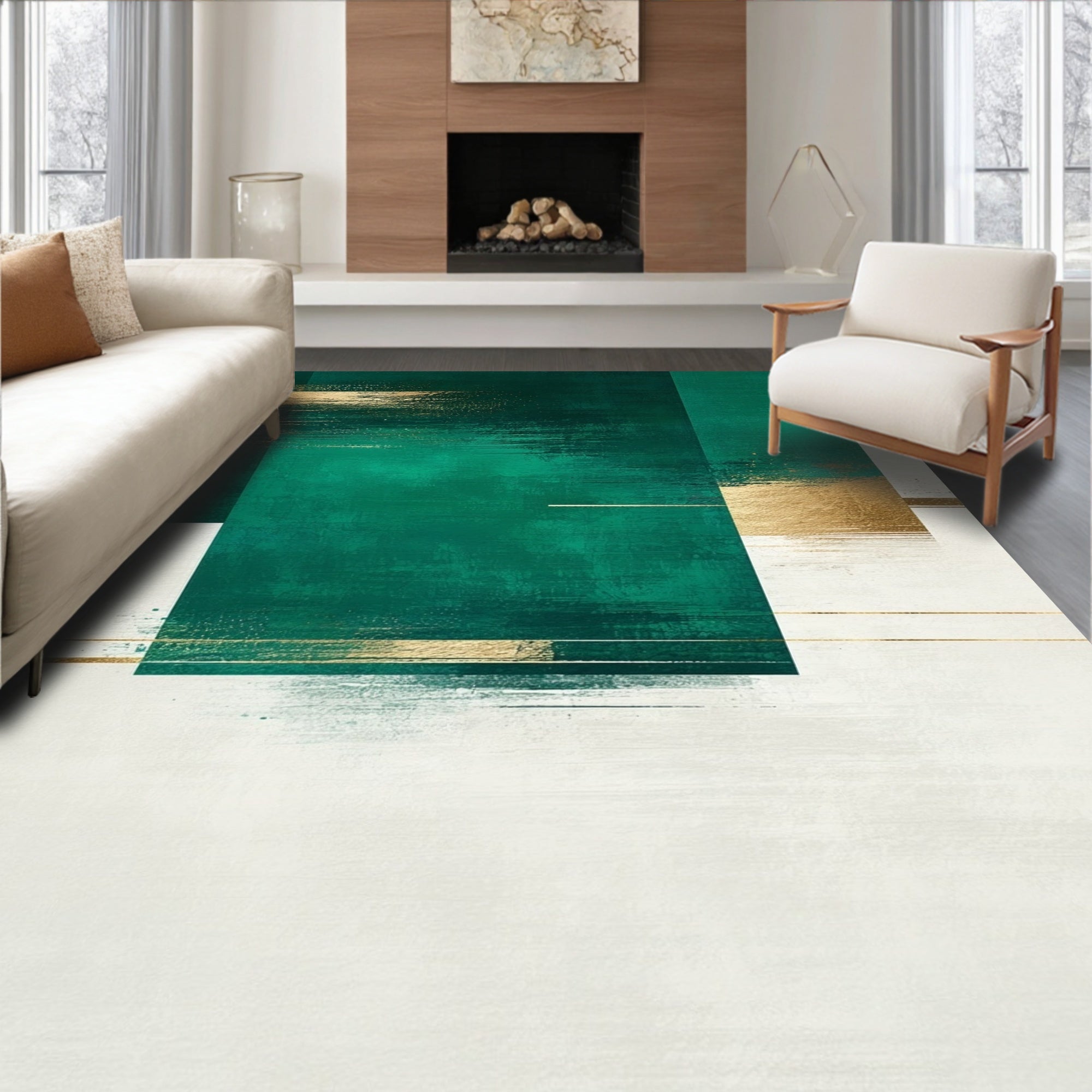 Abstract Emerald Gold Brushstroke Rug