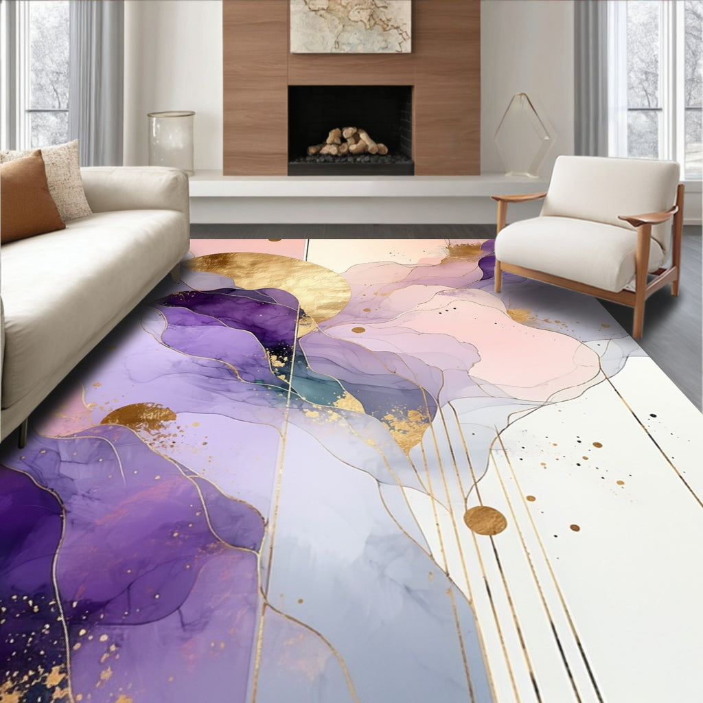 Abstract Purple Gold Watercolor Waves Rug