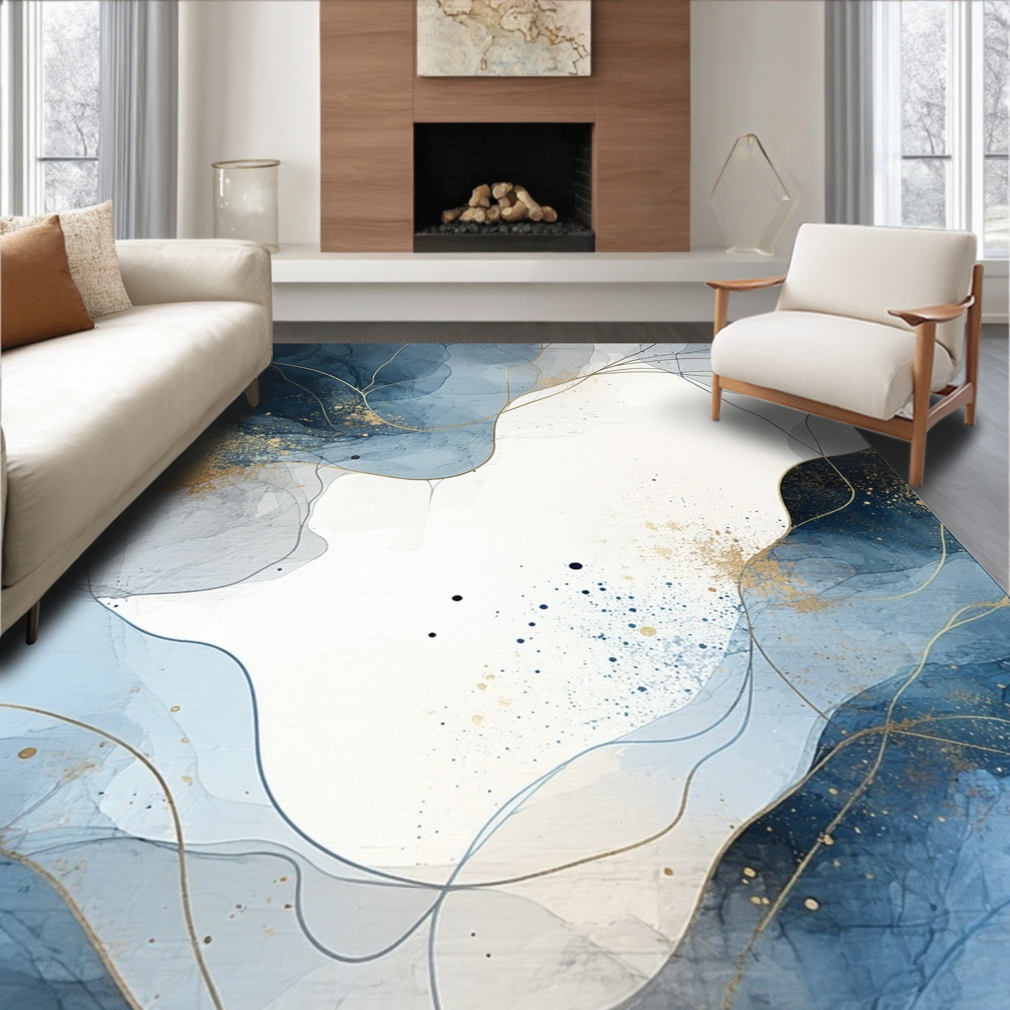 Abstract Blue Gold Swirl Pattern Rug