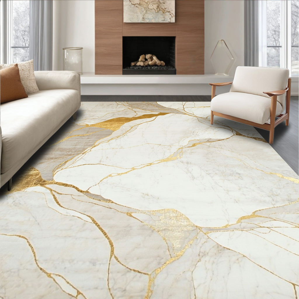 Abstract Gold Vein Marble Pattern Rug