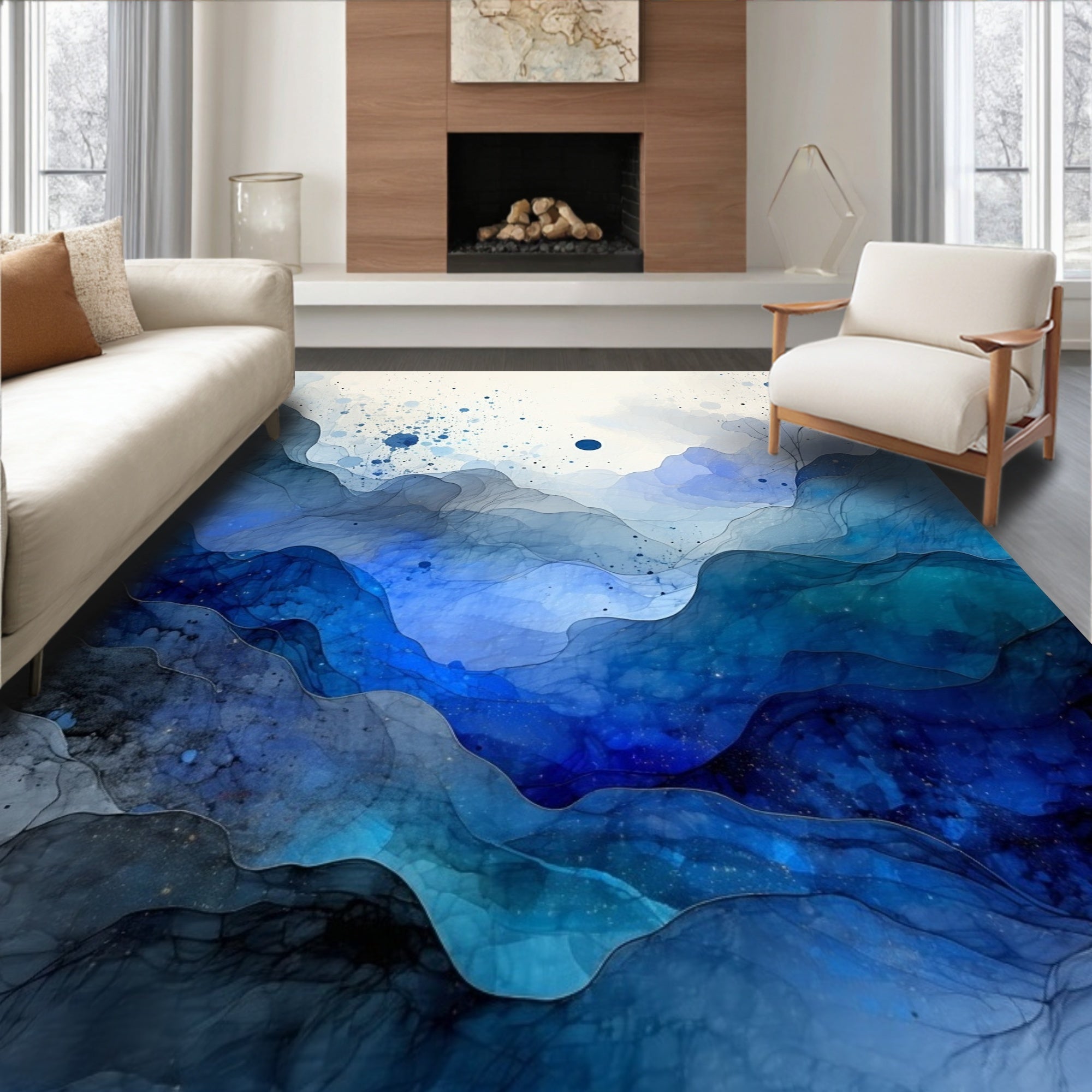 Abstract Blue Ocean Wave Layers Rug