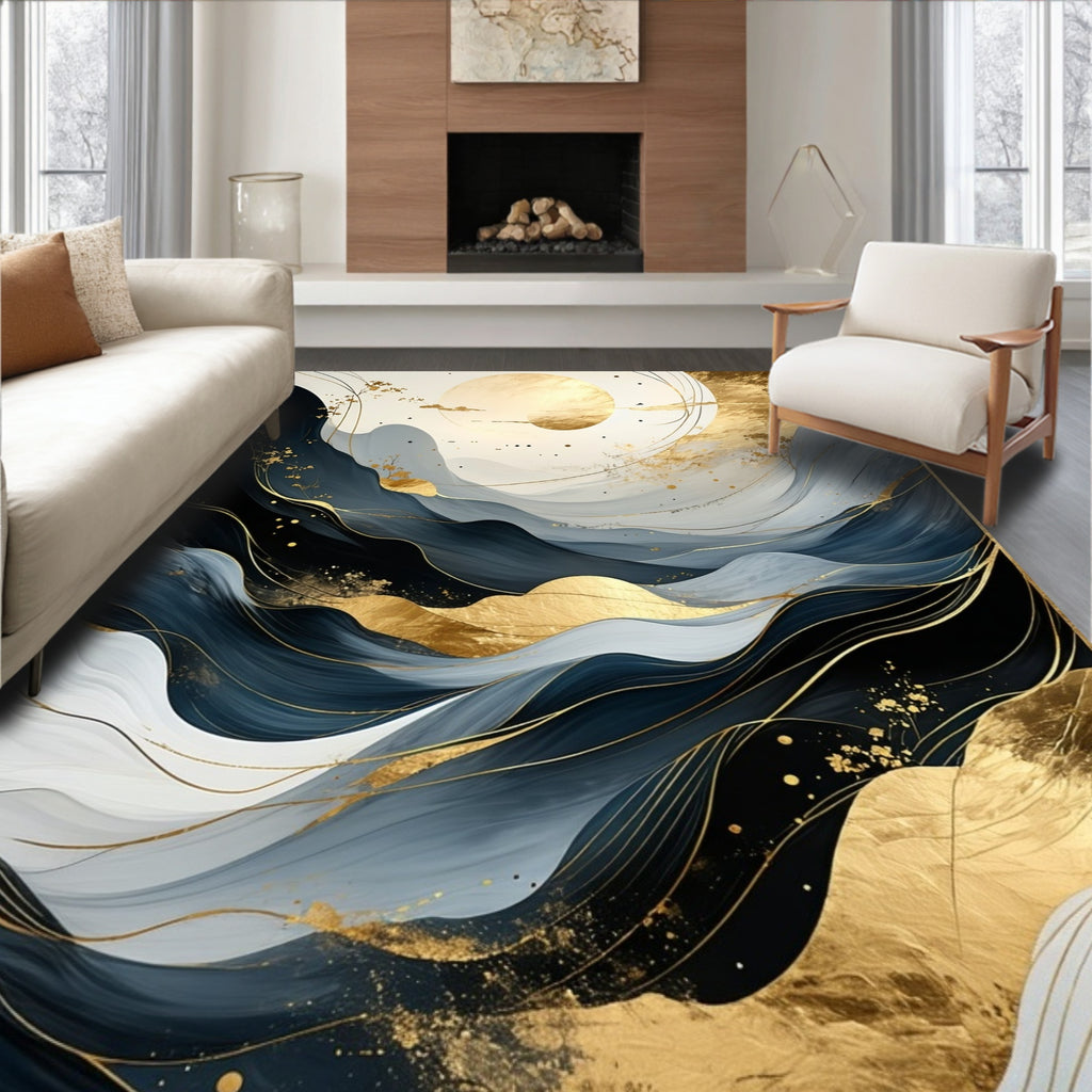 Abstract Blue Gold Waves Rug