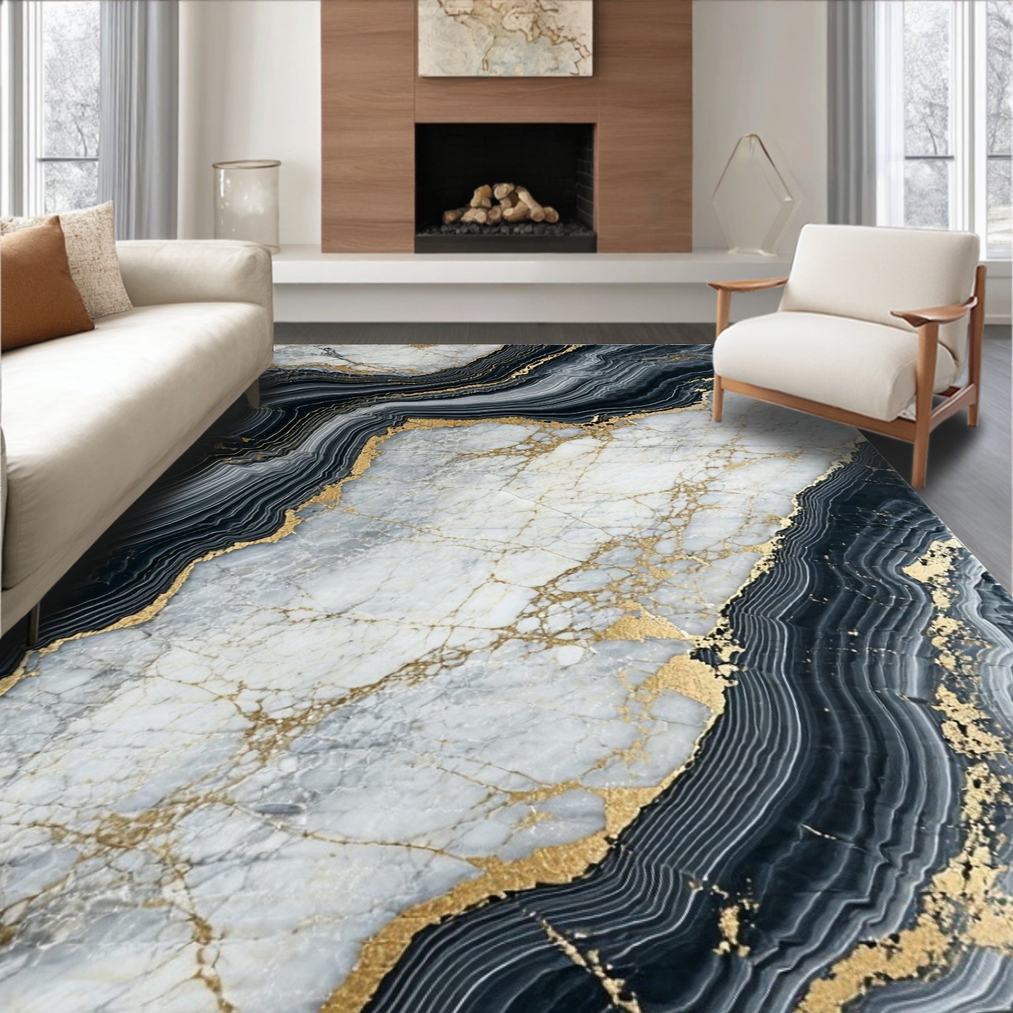 Abstract Marble Gold Veined Design Rug