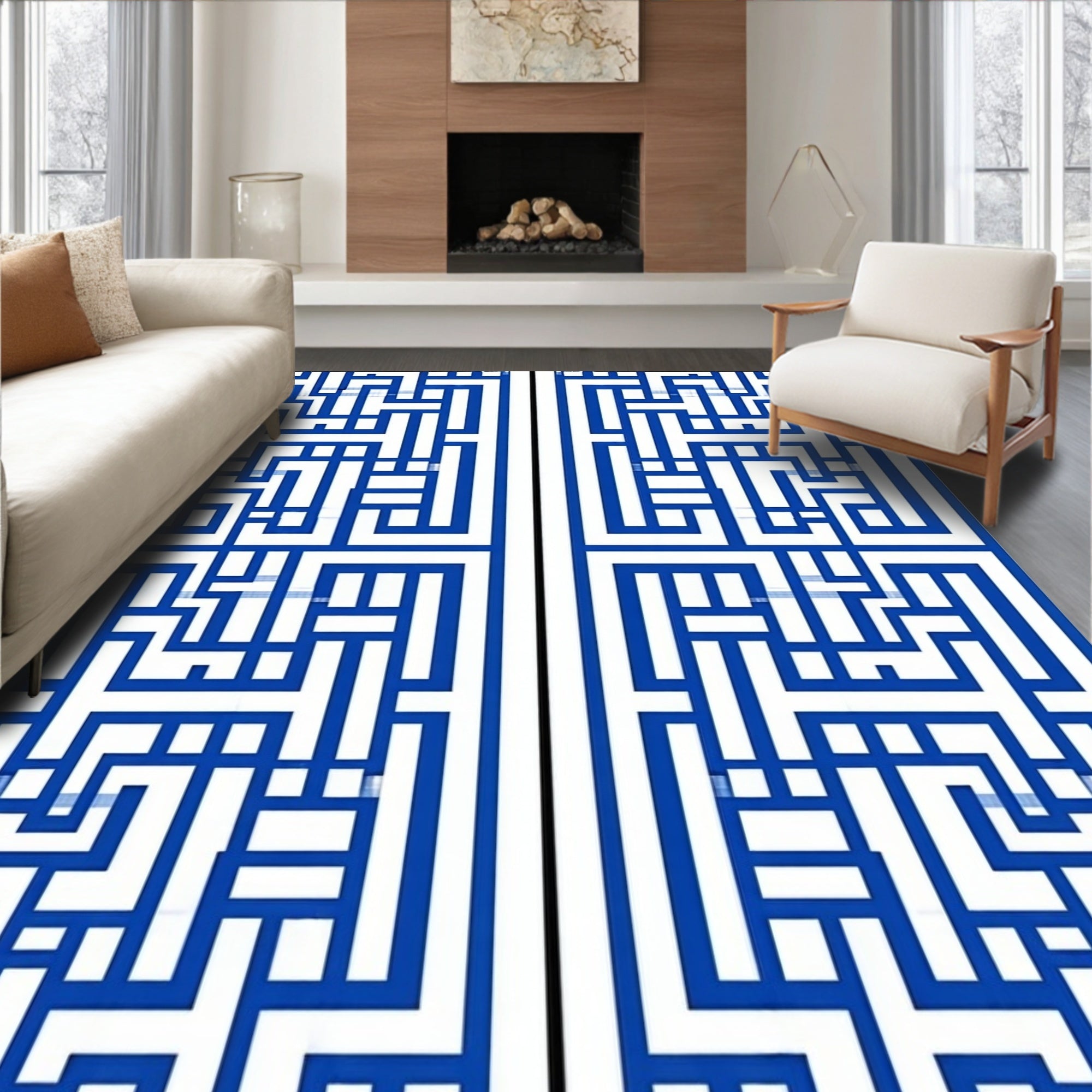 Abstract Blue Maze Pattern Rug