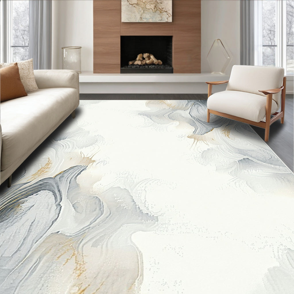 Abstract Fluidic Grey Gold Pattern Rug