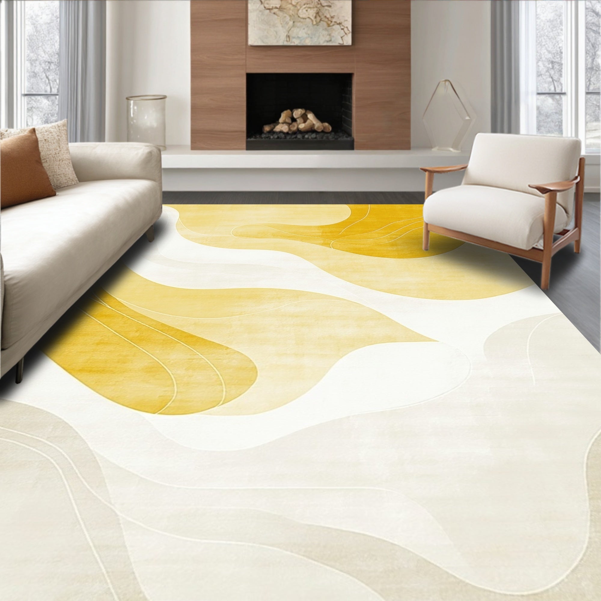 Abstract Flowing Yellow White Waves Rug
