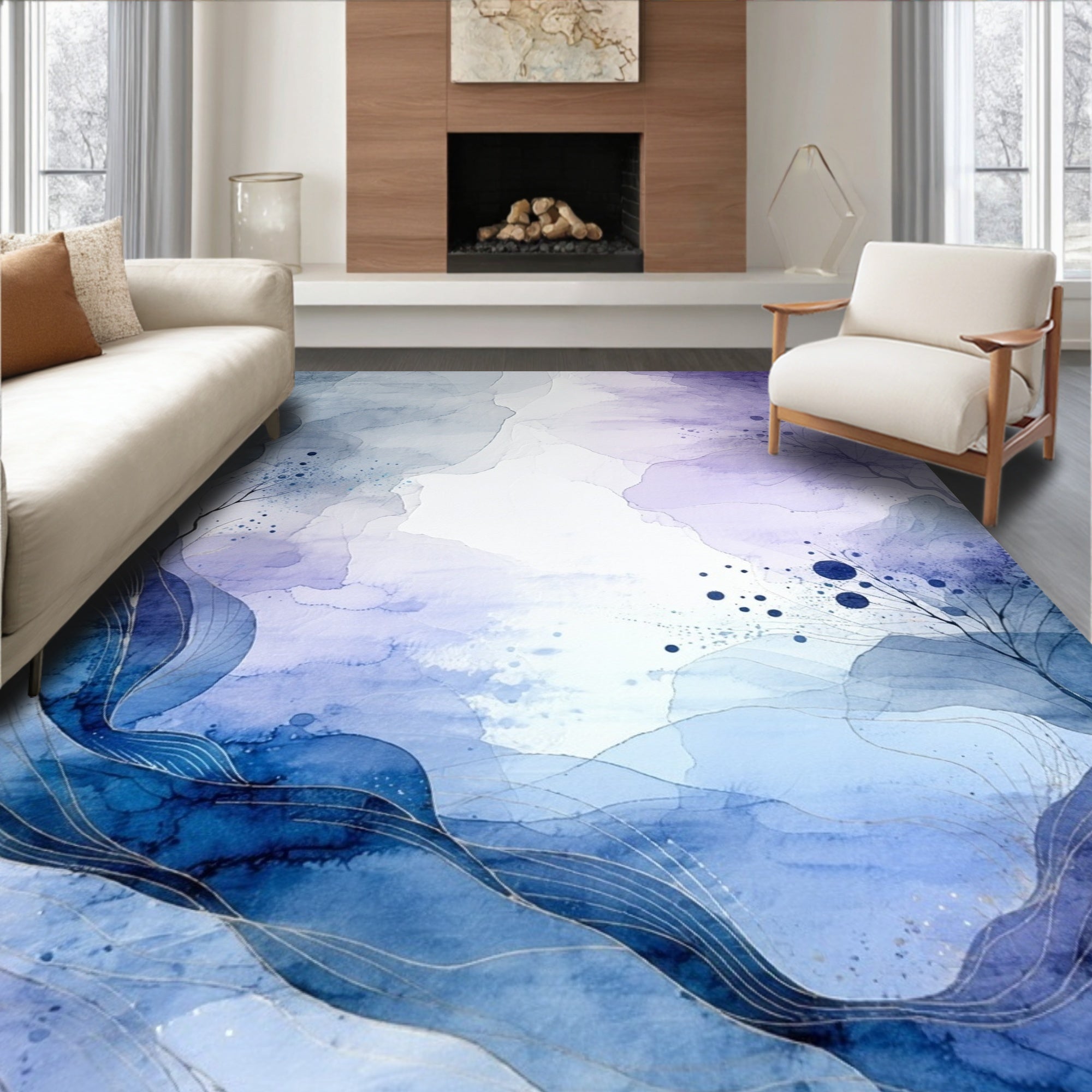 Abstract Blended Blue And Purple Watercolor Rug