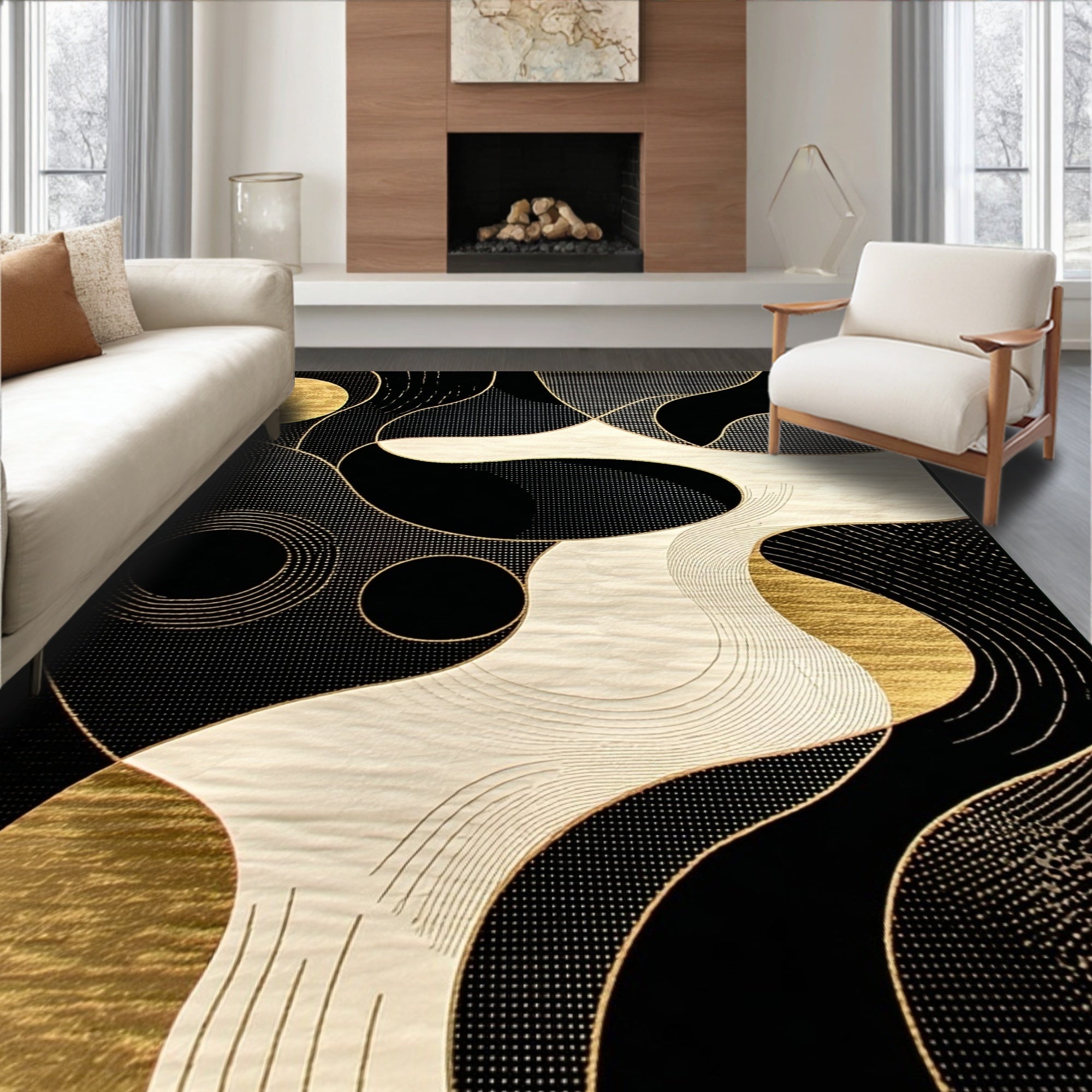 Abstract Black Gold Flowing Lines Rug