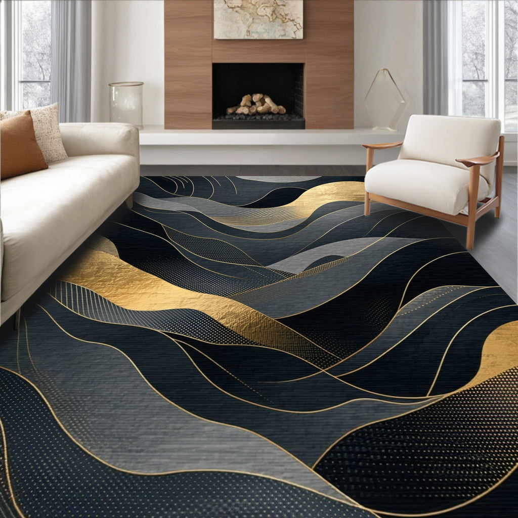 Abstract Gold Gray Wavy Lines Rug