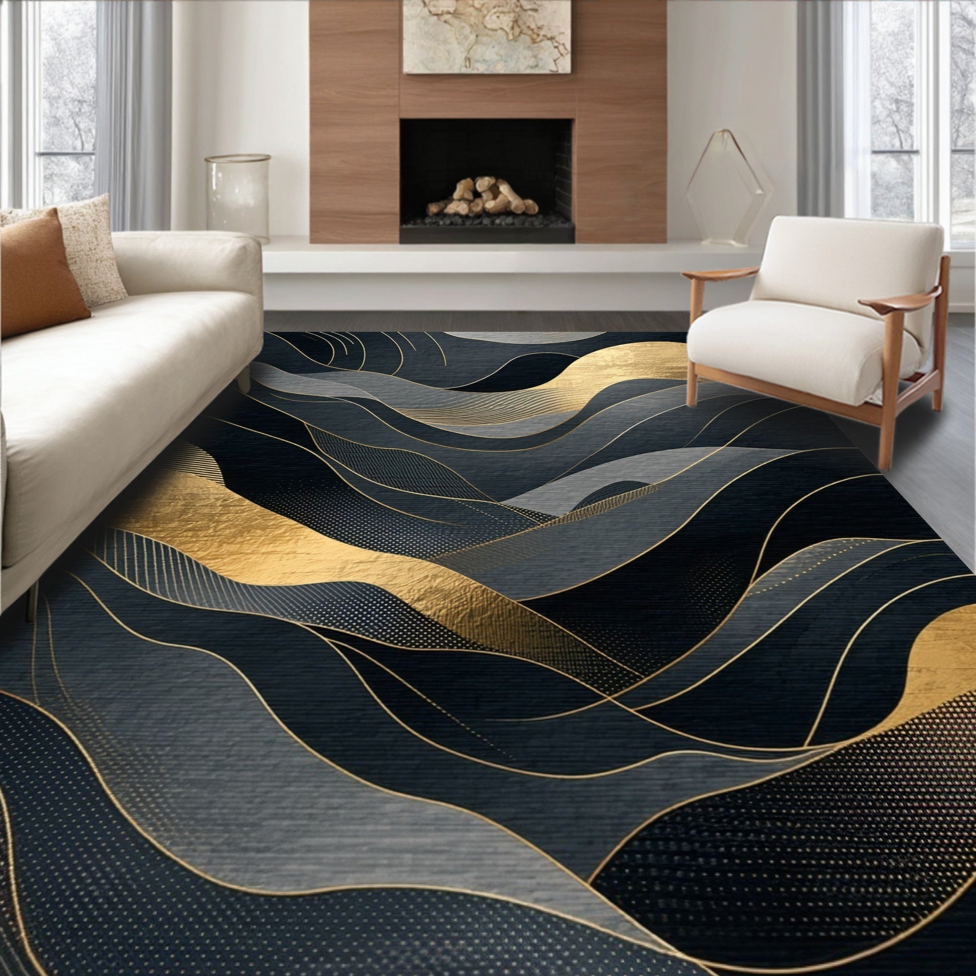 Abstract Gold Gray Wavy Lines Rug