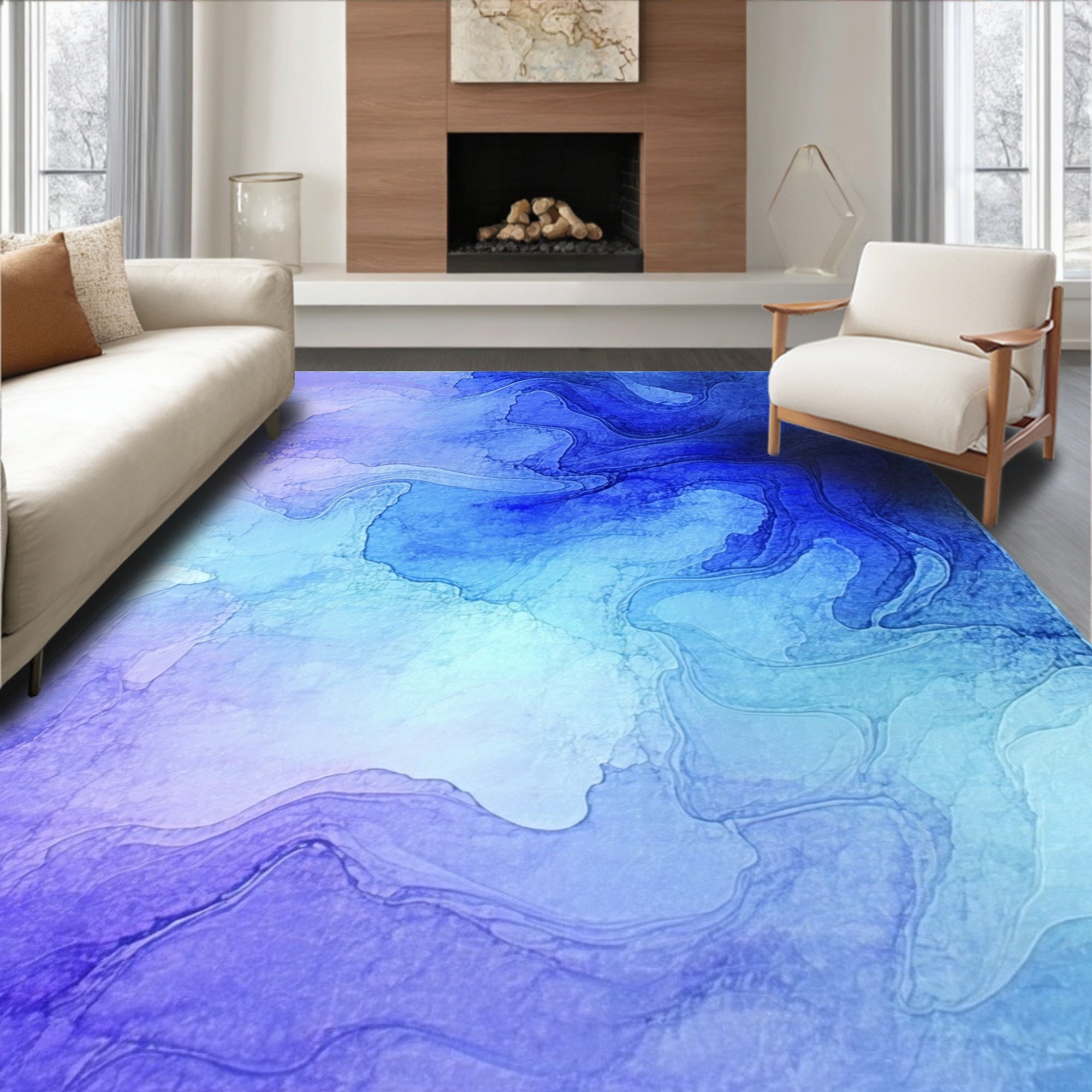 Abstract Blue Swirling Ink Design Rug