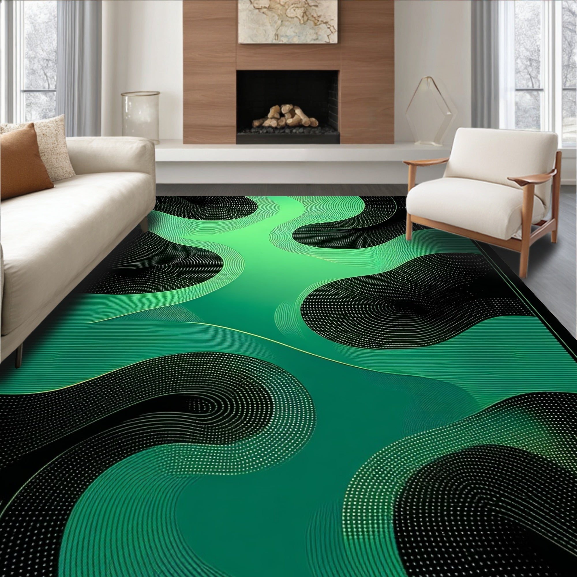 Abstract Green Wave Pattern Rug