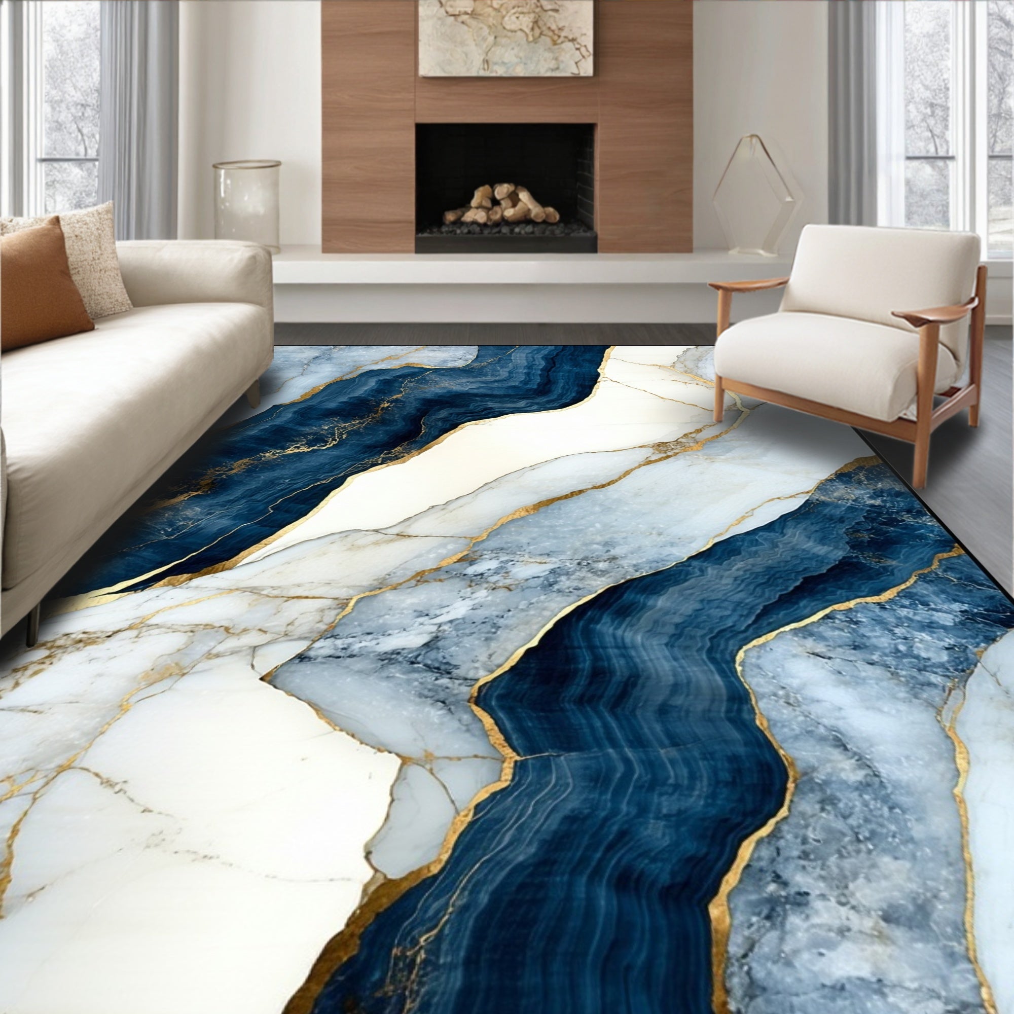 Abstract Blue Marble Gold Vein Rug