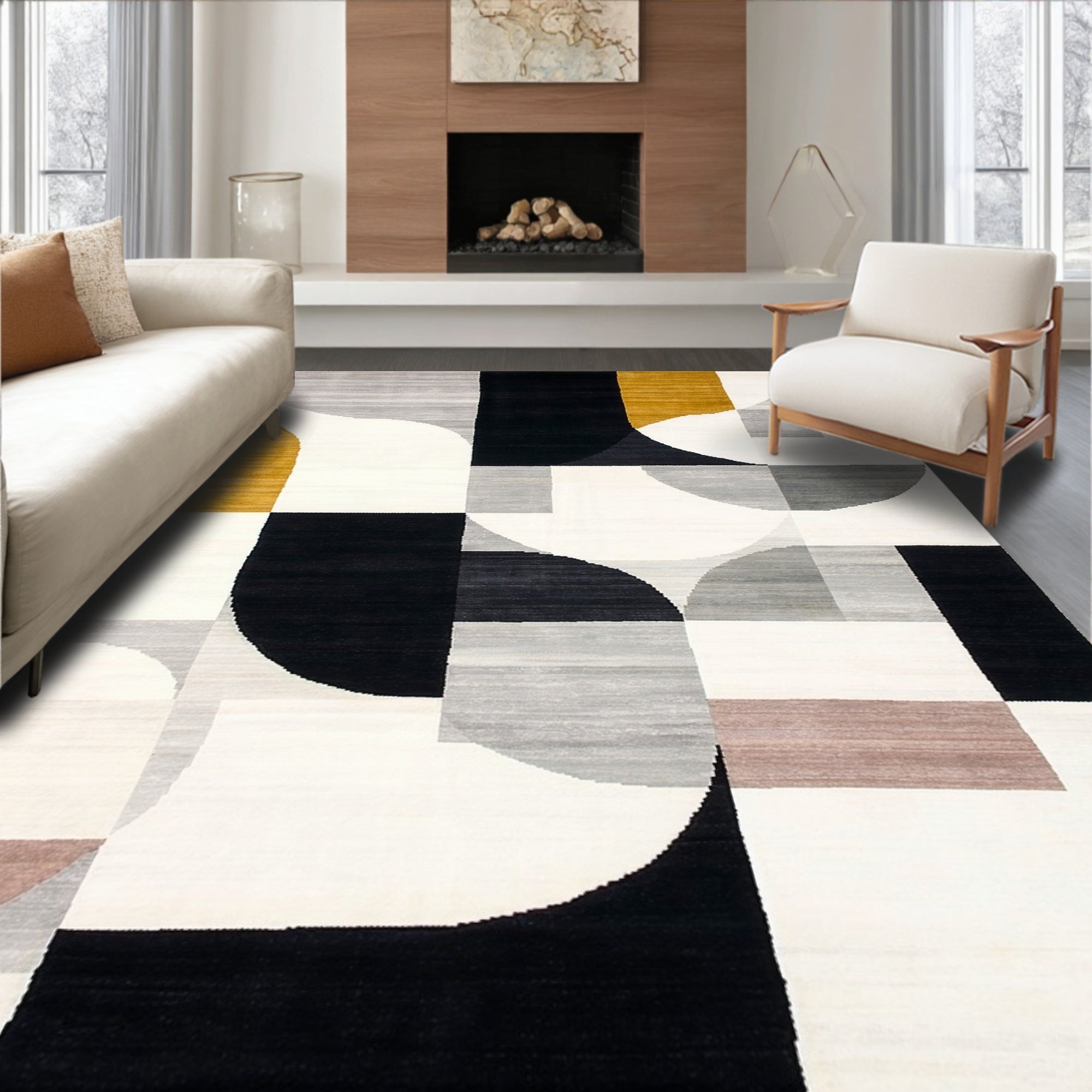 Abstract Geometric Mustard Black Design Rug