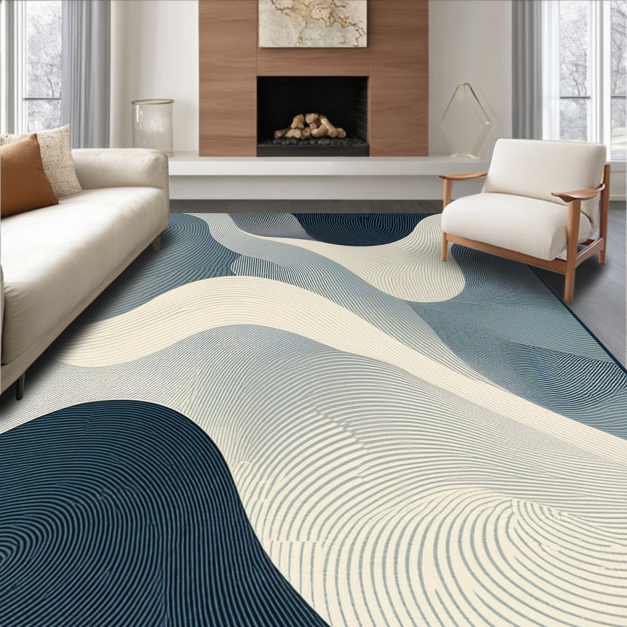 Abstract Blue Wave Pattern Rug