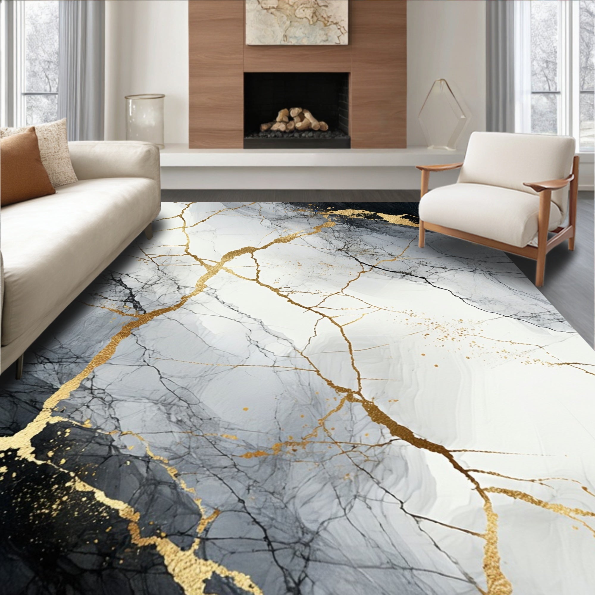 Abstract Gold Vein Marble Pattern Rug