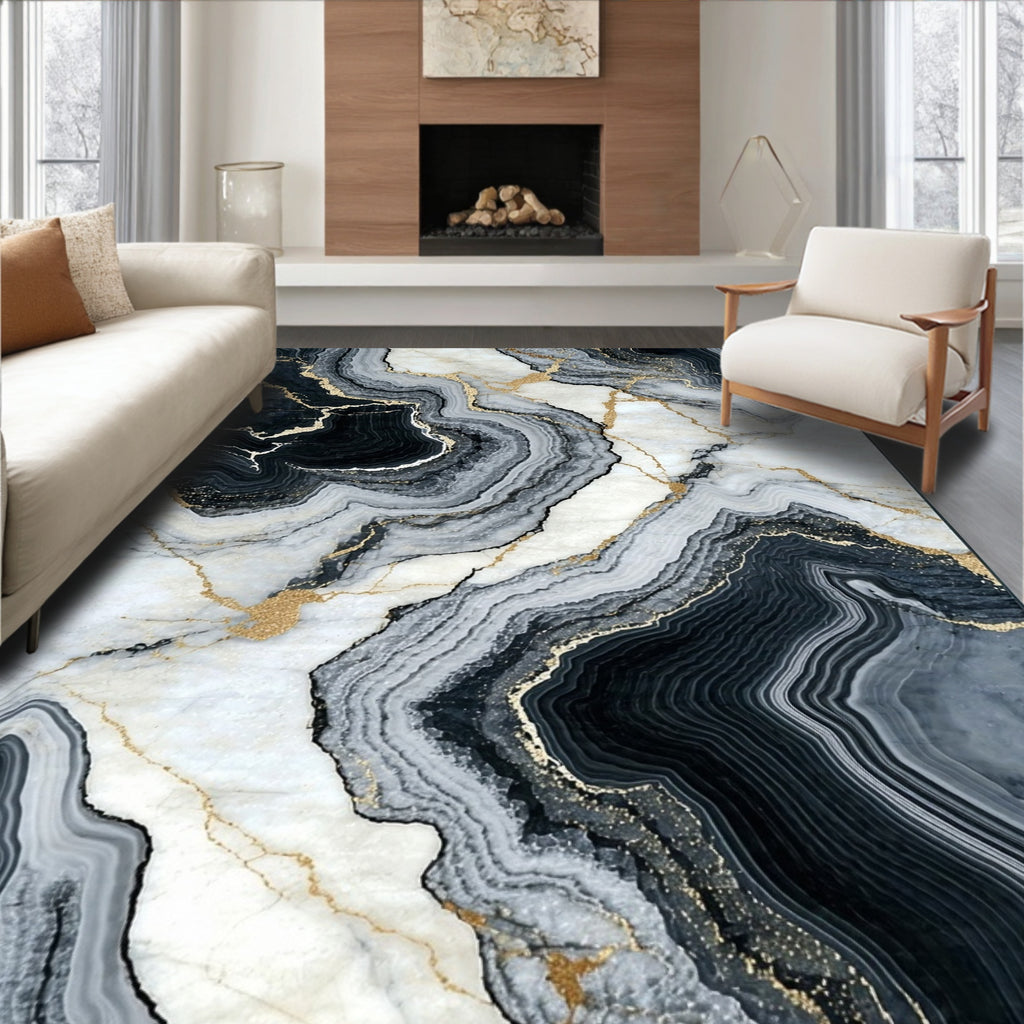 Abstract Black Gray Gold Veined Rug