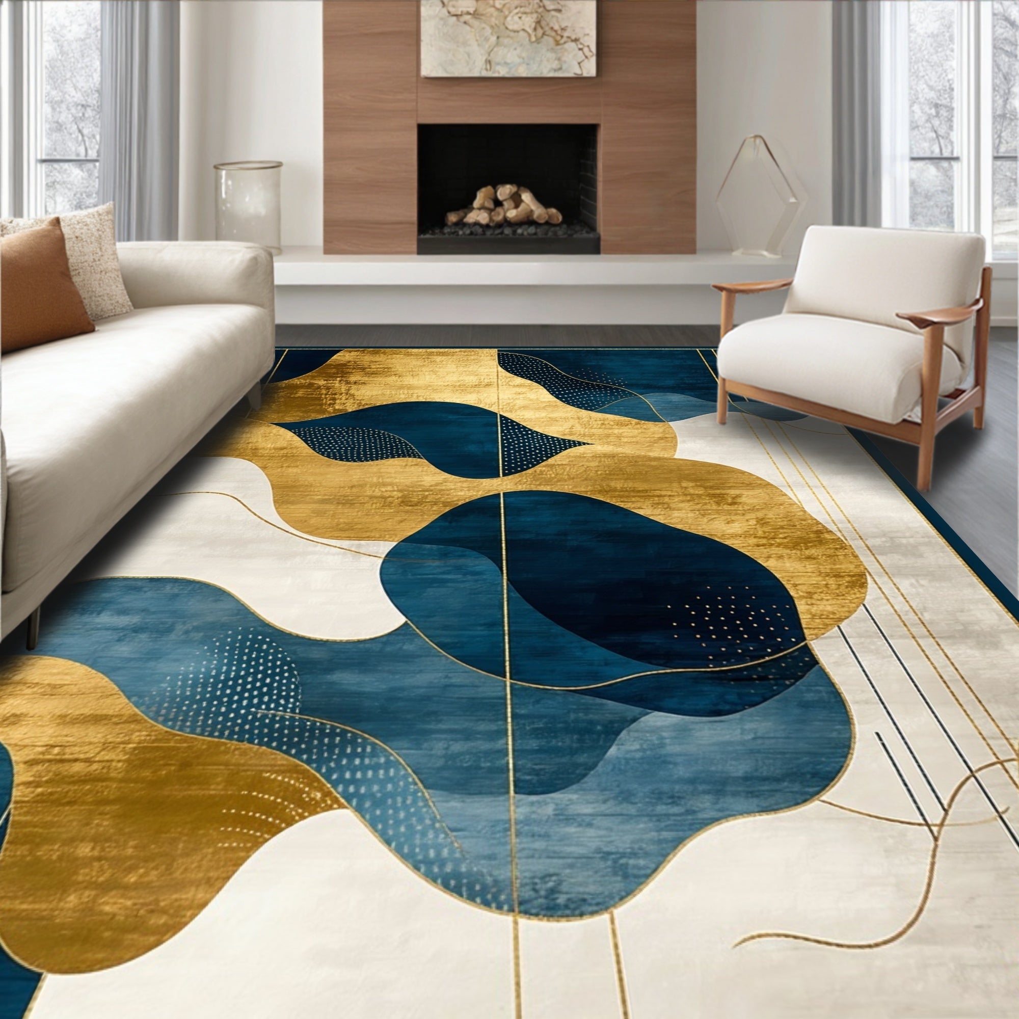 Abstract Blue Gold Waves Rug
