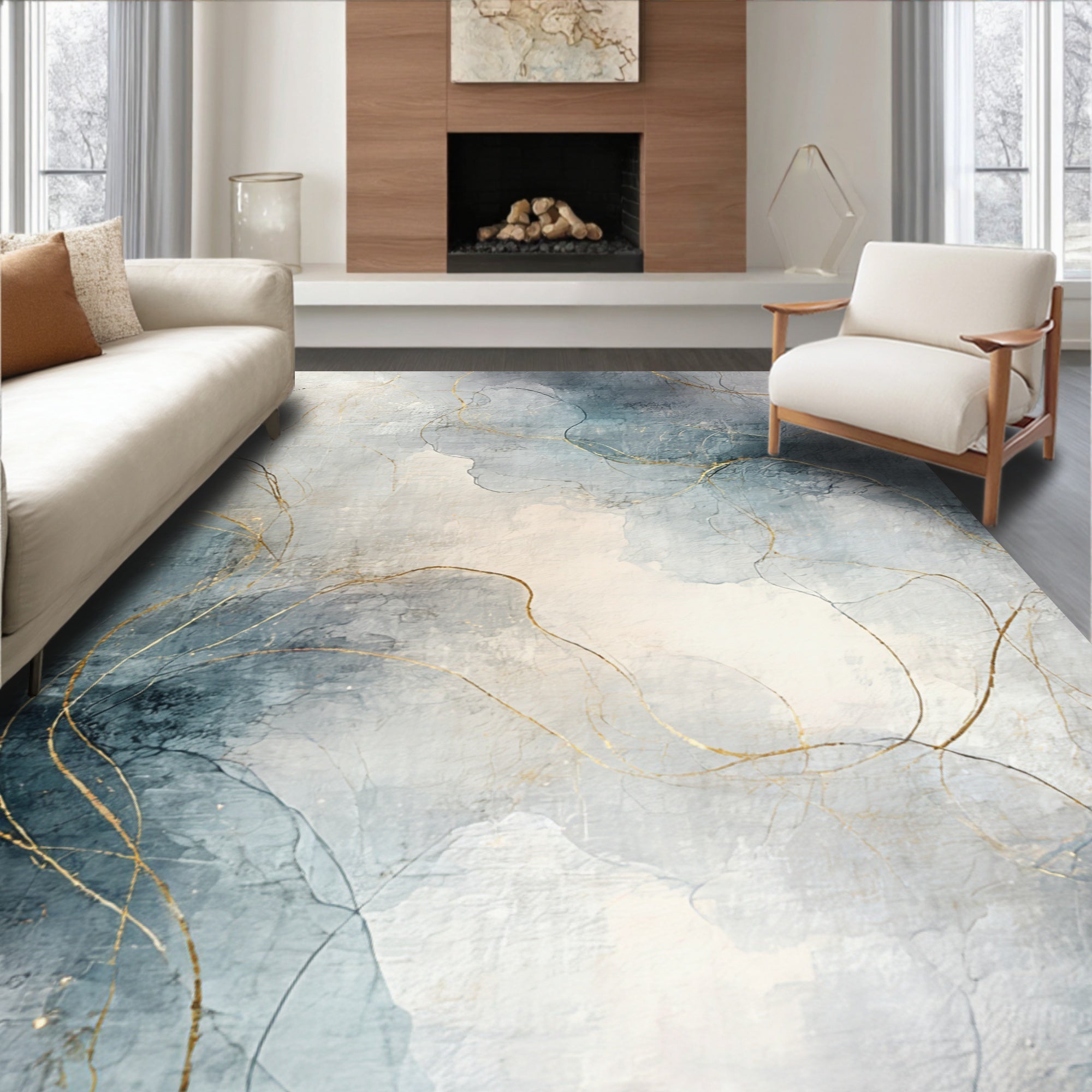 Abstract Fluid Navy Gold Rug