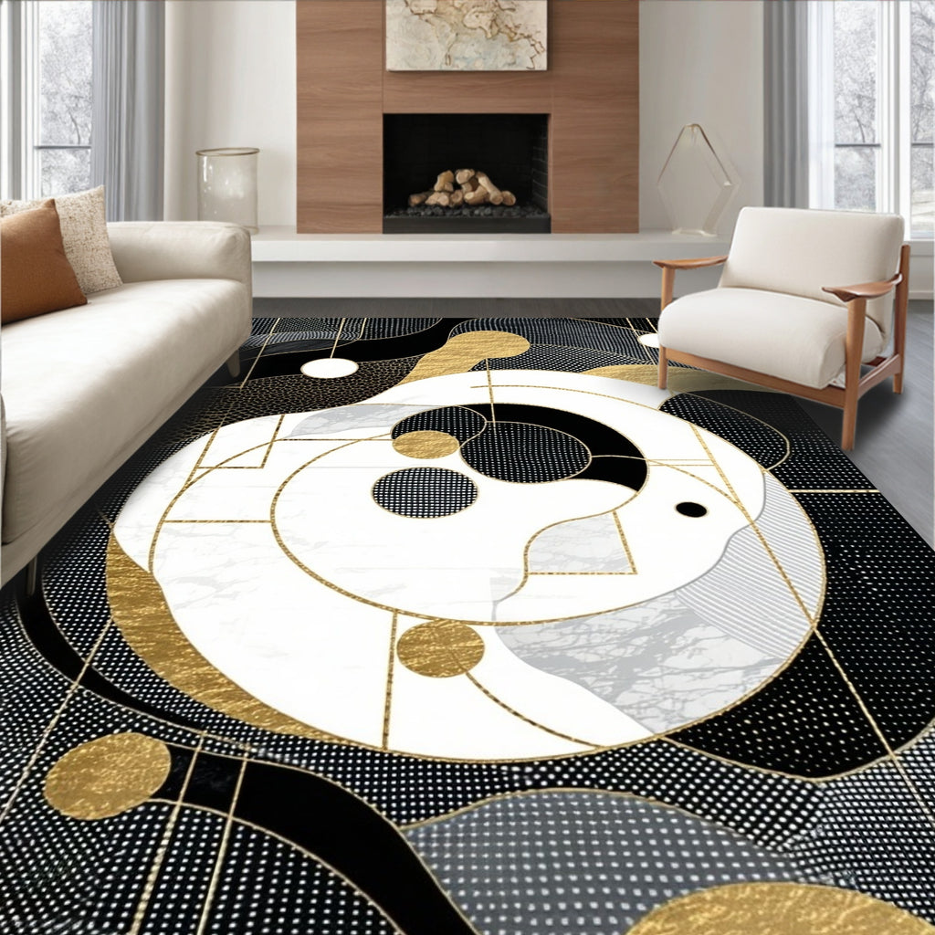 Abstract Gold Black Geometric Swirl Rug