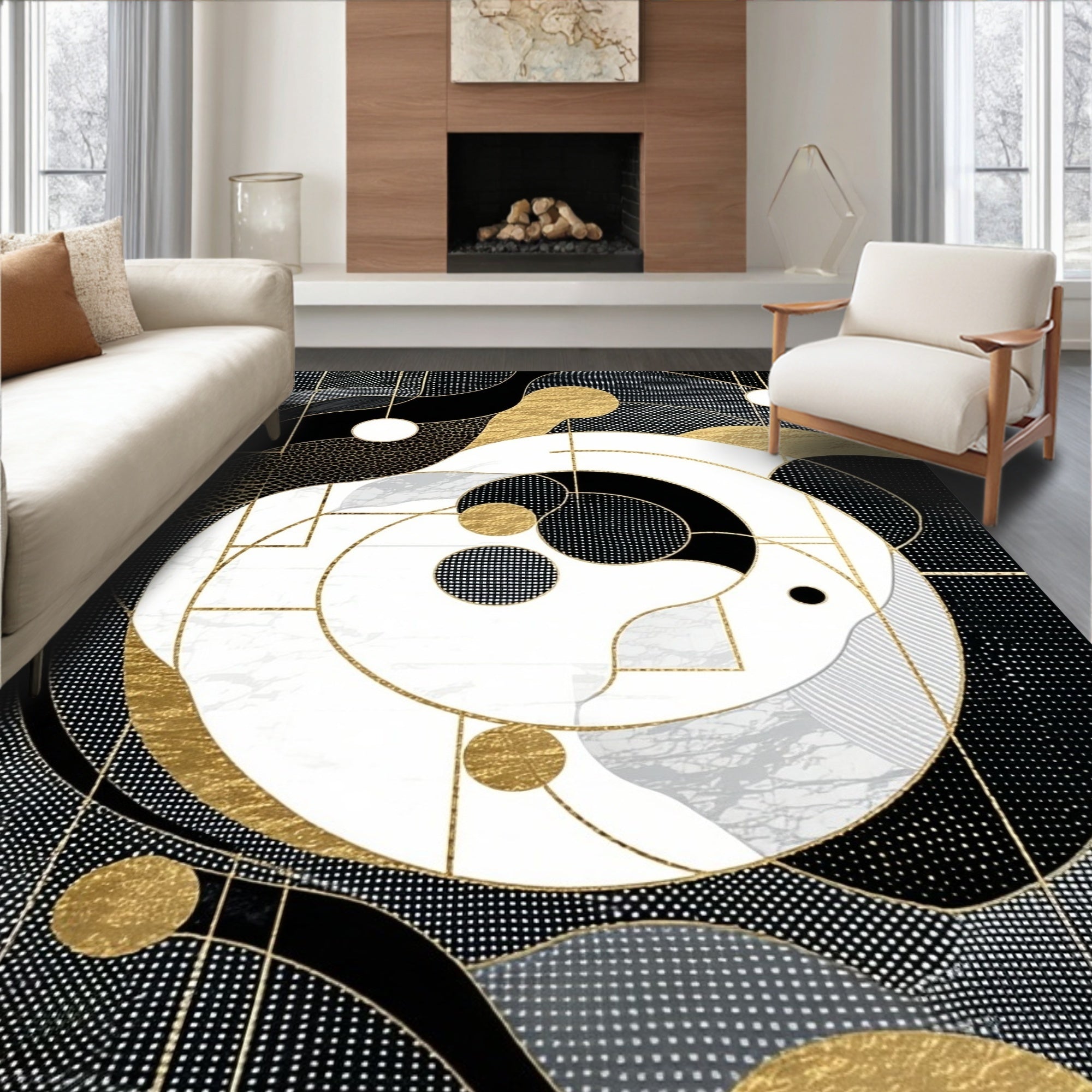 Abstract Gold Black Geometric Swirl Rug
